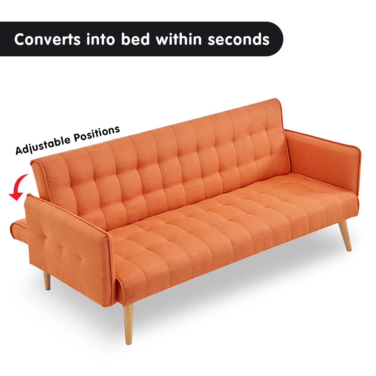 Linen Fabric 3-Seater Sofa Bed, Adjustable Orange - Sarantino