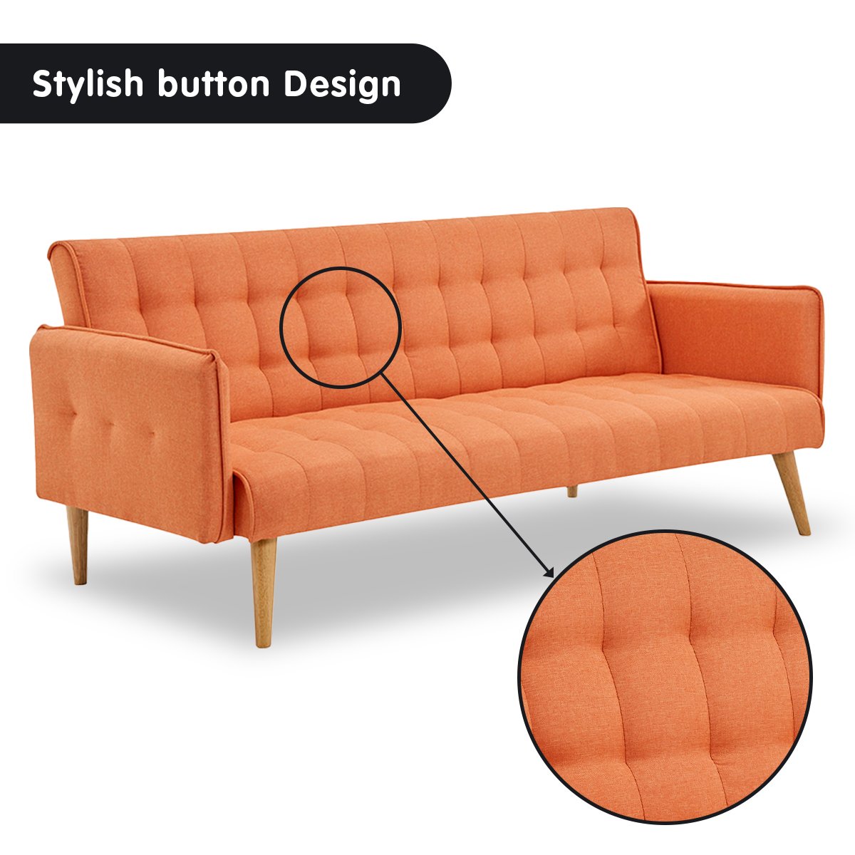 Linen Fabric 3-Seater Sofa Bed, Adjustable Orange - Sarantino