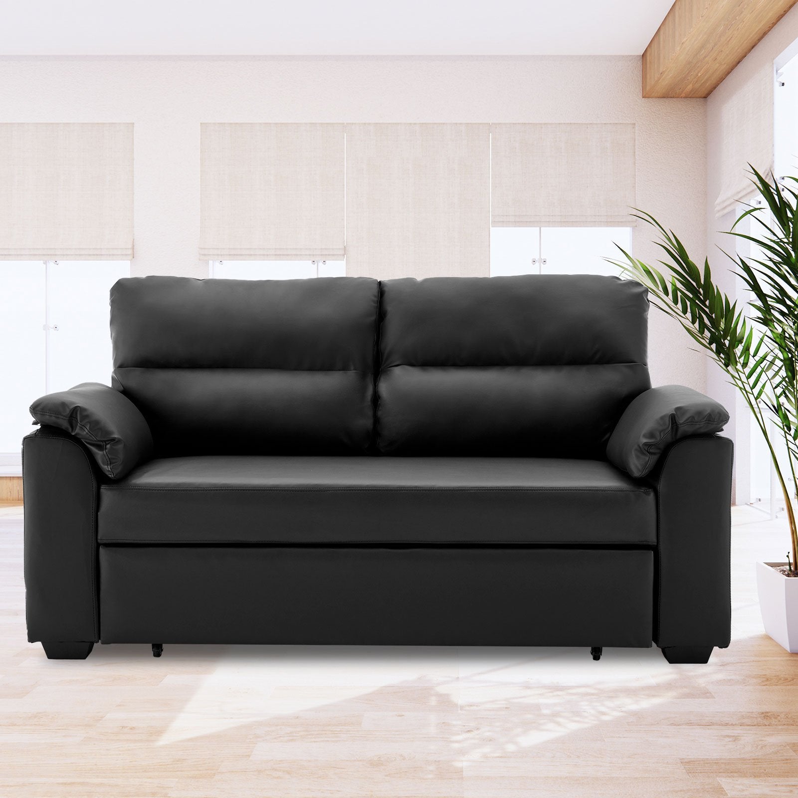 Black Faux Leather Sofa Bed with Extra Cushioning