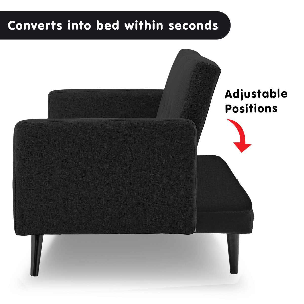 Convertible Faux Linen 3-Seater Sofa Bed w/ Armrests - Black