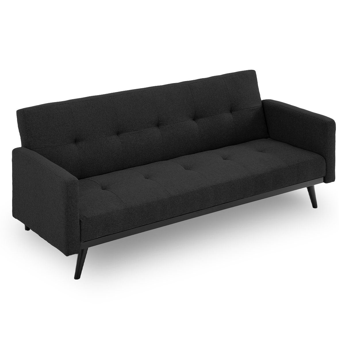 Convertible Faux Linen 3-Seater Sofa Bed w/ Armrests - Black