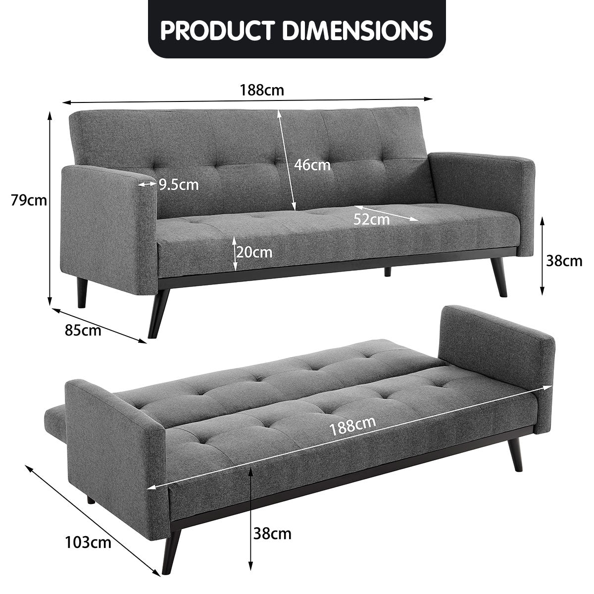 Light Grey Tufted 3-Seater Sofa Bed, Adjustable Backrest