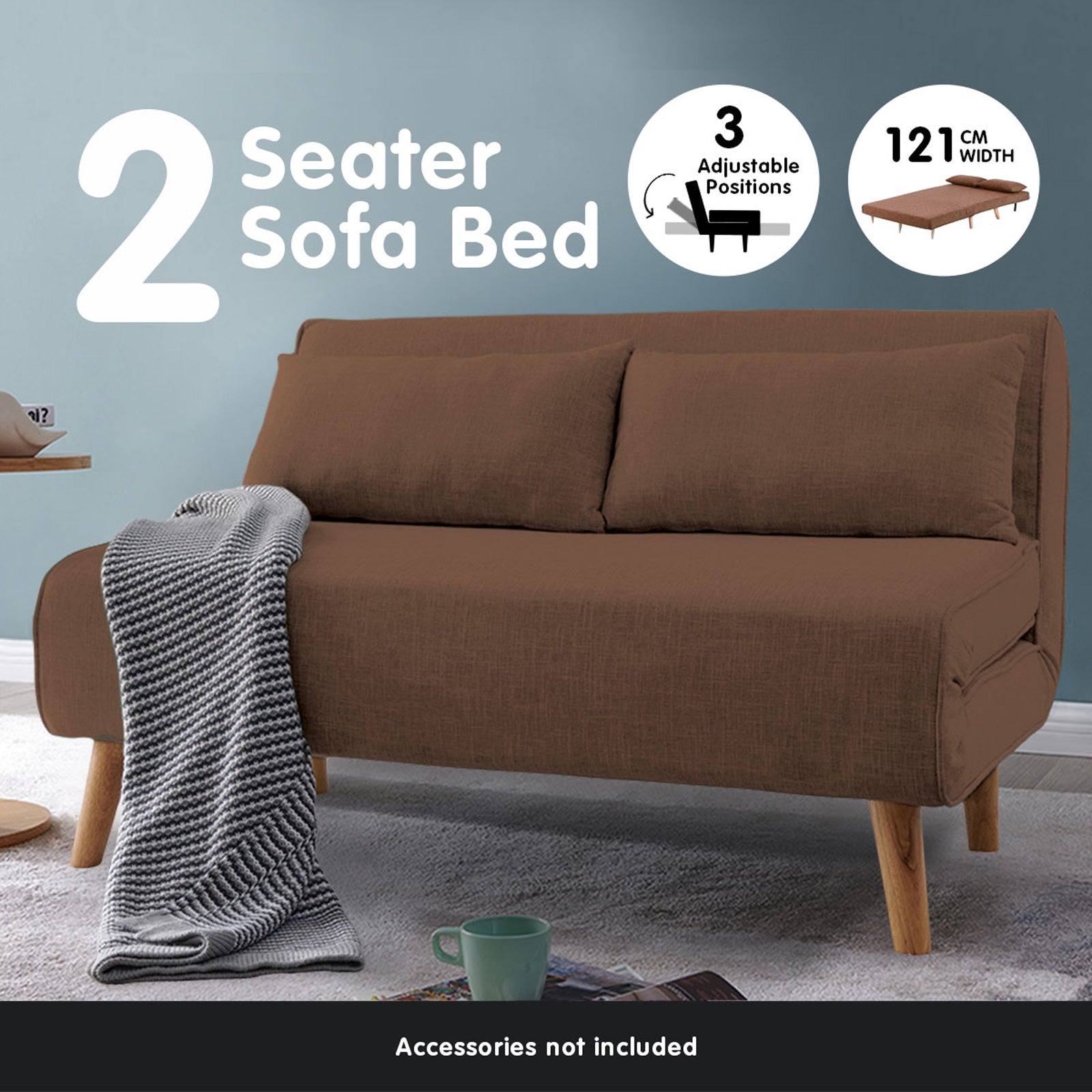 Durable Adjustable 2-Seater Sofa Bed Faux Linen Brown - Sarantino