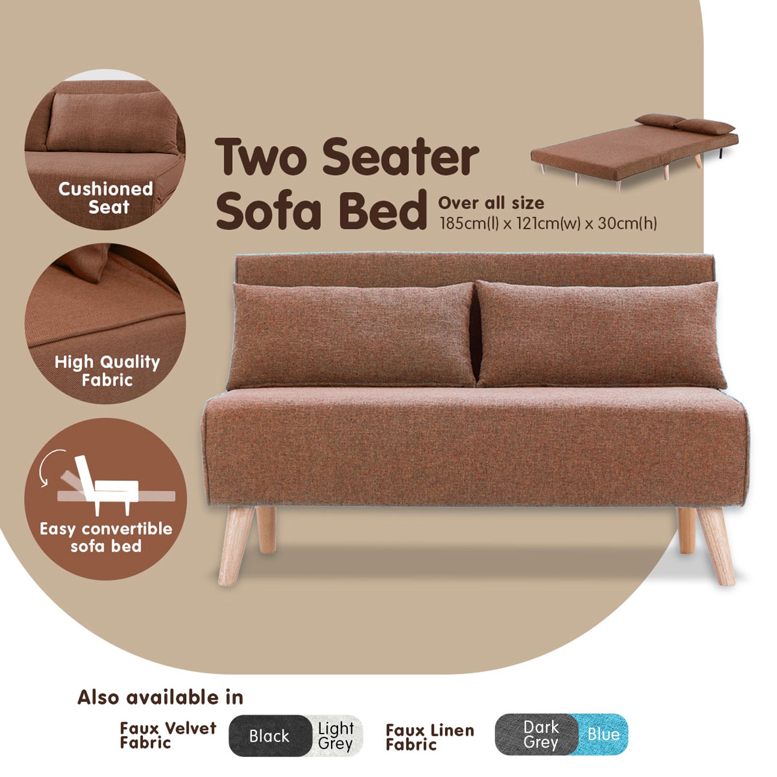 Durable Adjustable 2-Seater Sofa Bed Faux Linen Brown - Sarantino