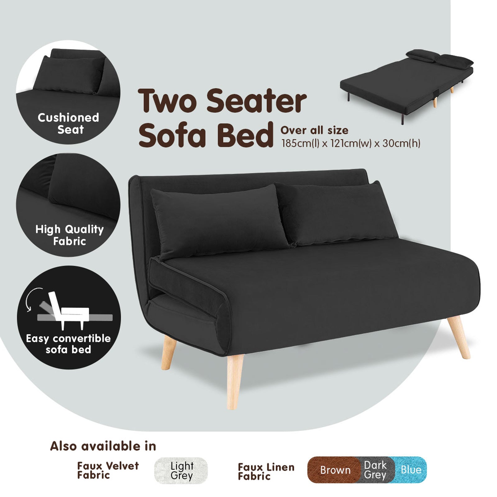 Soft Velvet Adjustable 2-Seater Sofa Bed with Wooden Frame