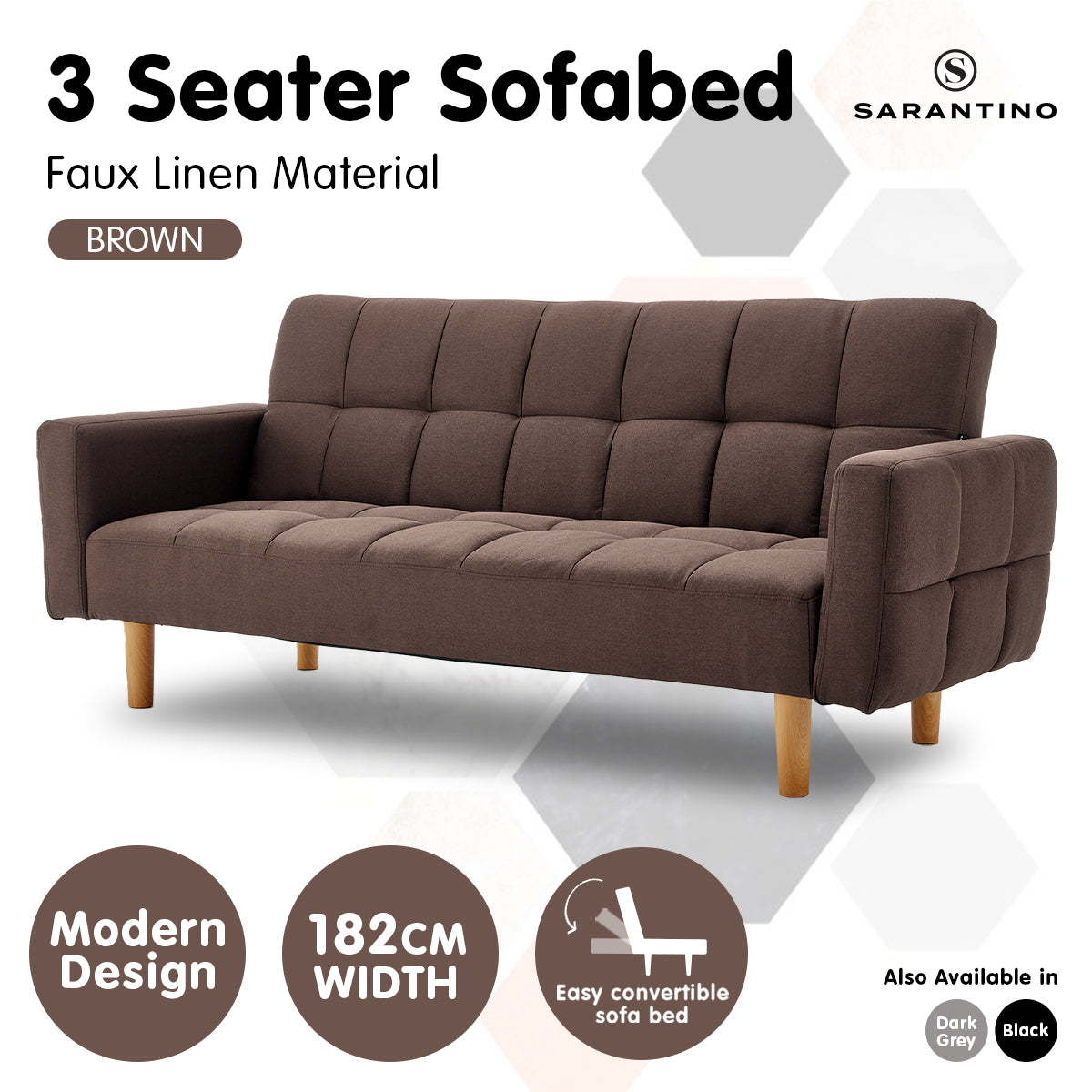 Durable 3-Seater Fabric Sofa Bed with Wooden Frame - Sarantino