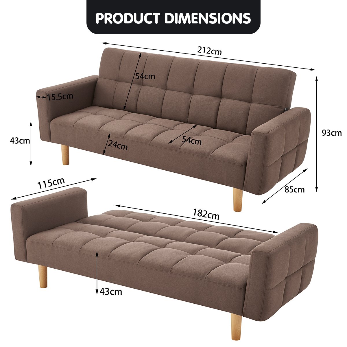 Durable 3-Seater Fabric Sofa Bed with Wooden Frame - Sarantino