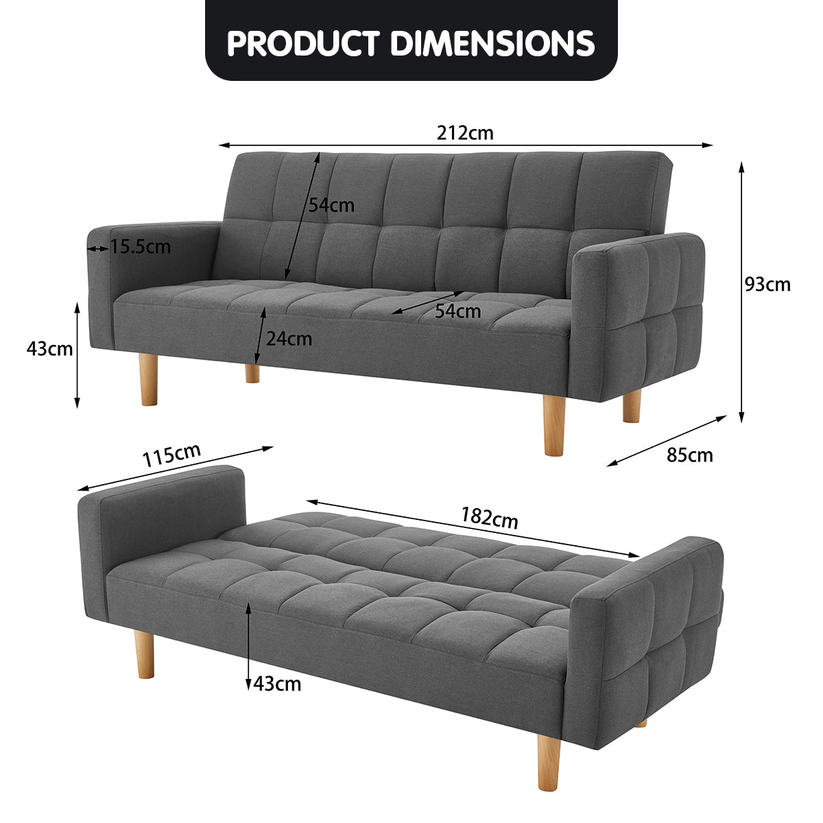 Durable Linen 3-Seater Sofa Bed with Wood Frame - Sarantino