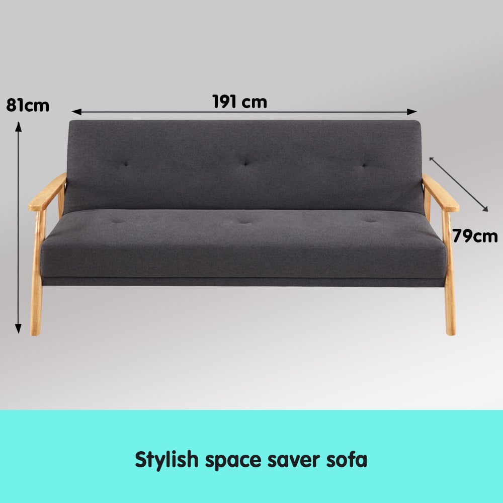 Dark Grey 3 Seater Linen Sofa Bed Lounge with Wood Frame