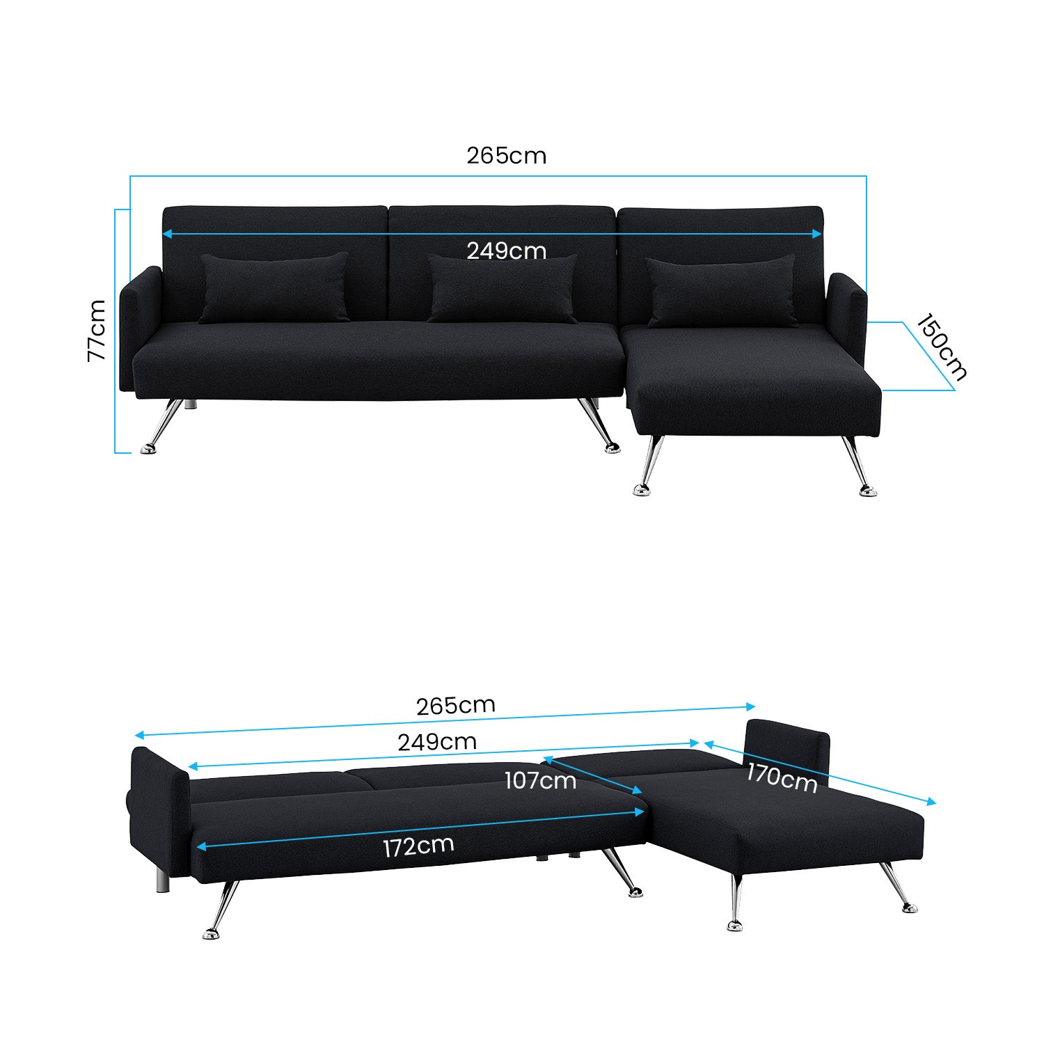 Premium Sofa Bed w/ Chaise, Adjustable Backrest & Pillows