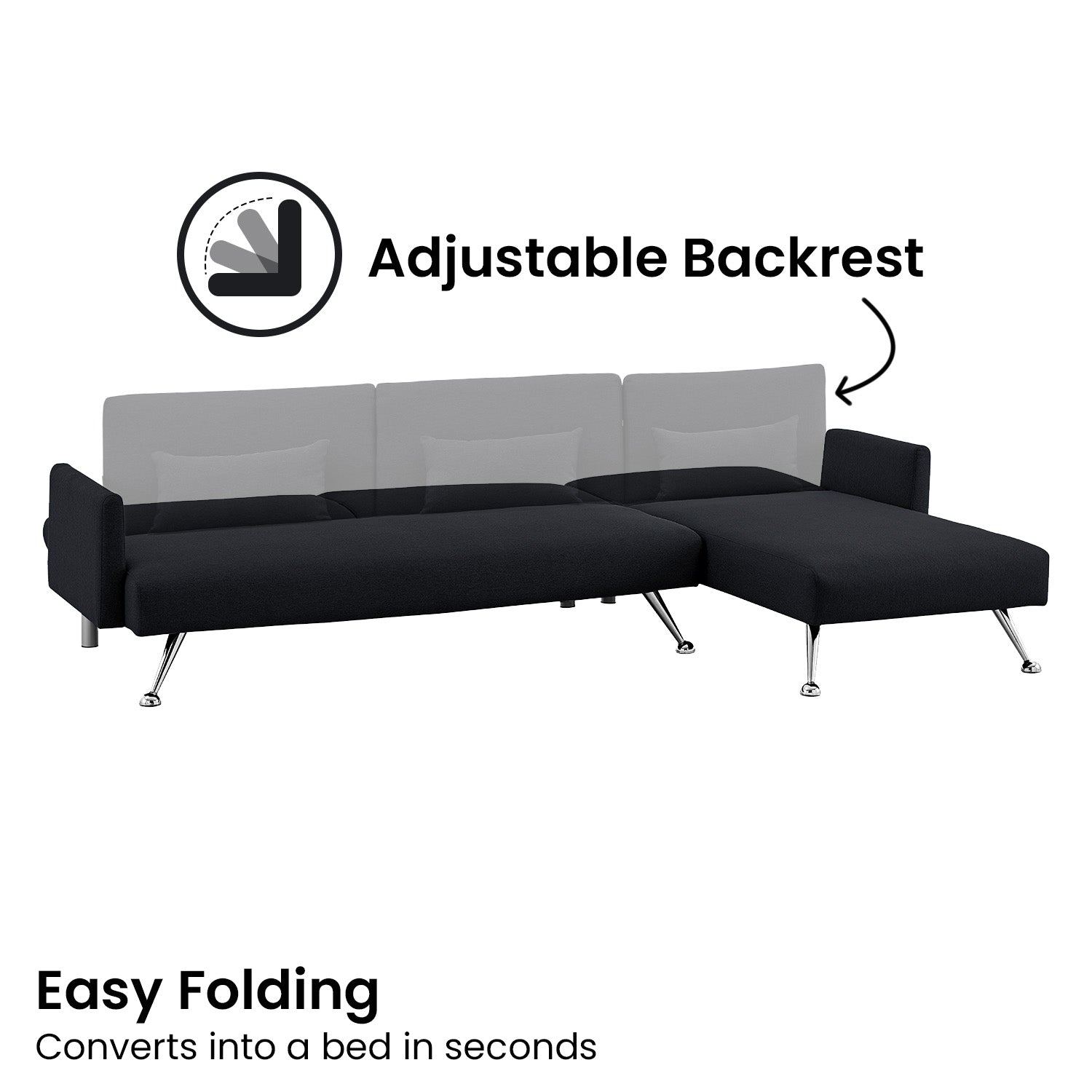 Premium Sofa Bed w/ Chaise, Adjustable Backrest & Pillows