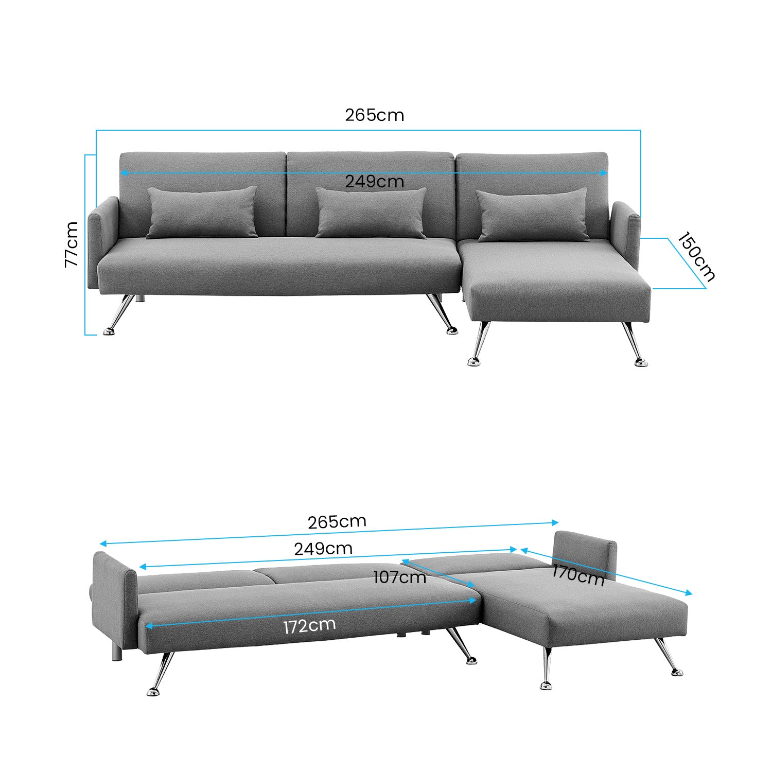 Premium Dark Grey 3-Seater Corner Sofa Bed with Pillows