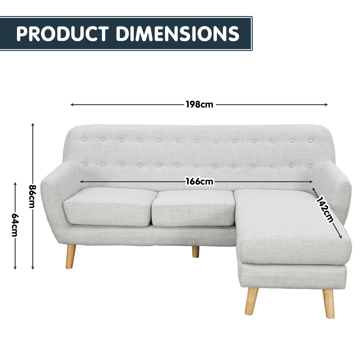 Linen Upholstered L-Shaped Sofa, Left Chaise, Wood Frame