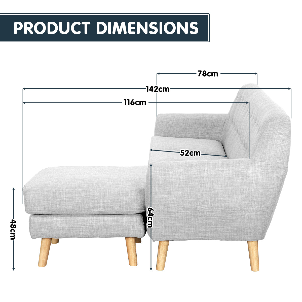 Linen Upholstered L-Shaped Sofa, Left Chaise, Wood Frame