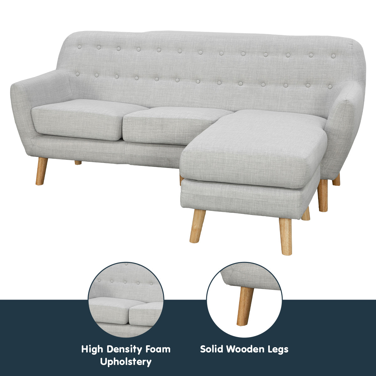 Linen Upholstered L-Shaped Sofa, Left Chaise, Wood Frame