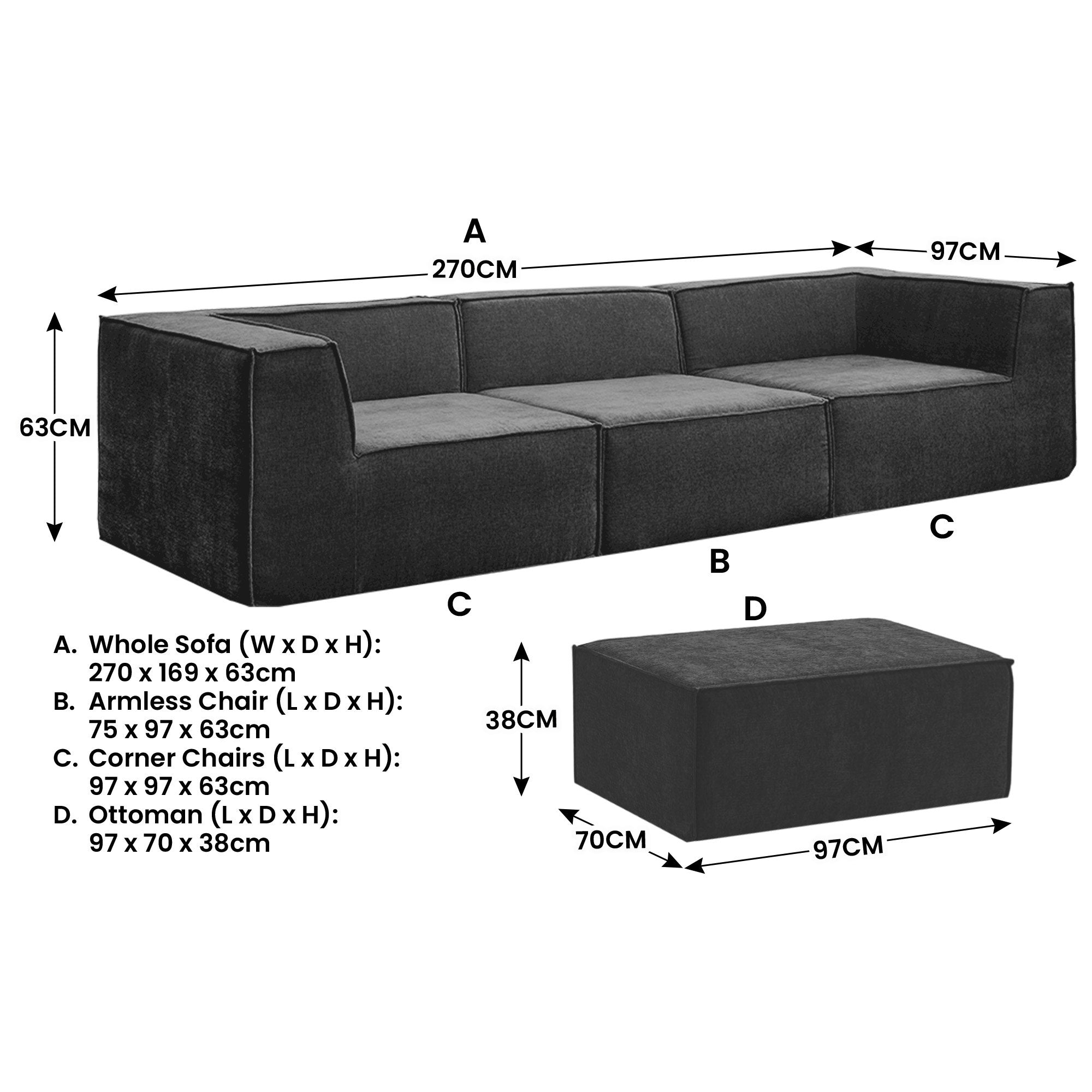 Novi 3-Seater Modular Sofa with Ottoman Black Non-Slip