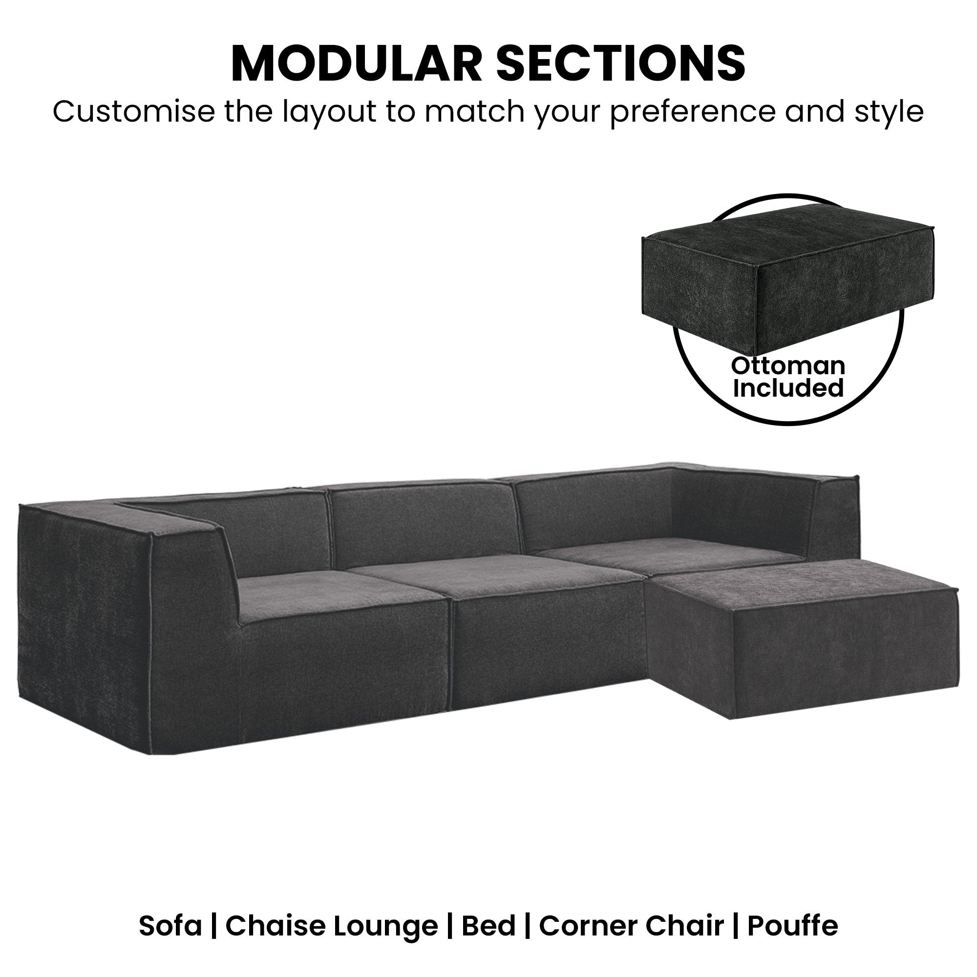 Novi 3-Seater Modular Sofa with Ottoman Black Non-Slip