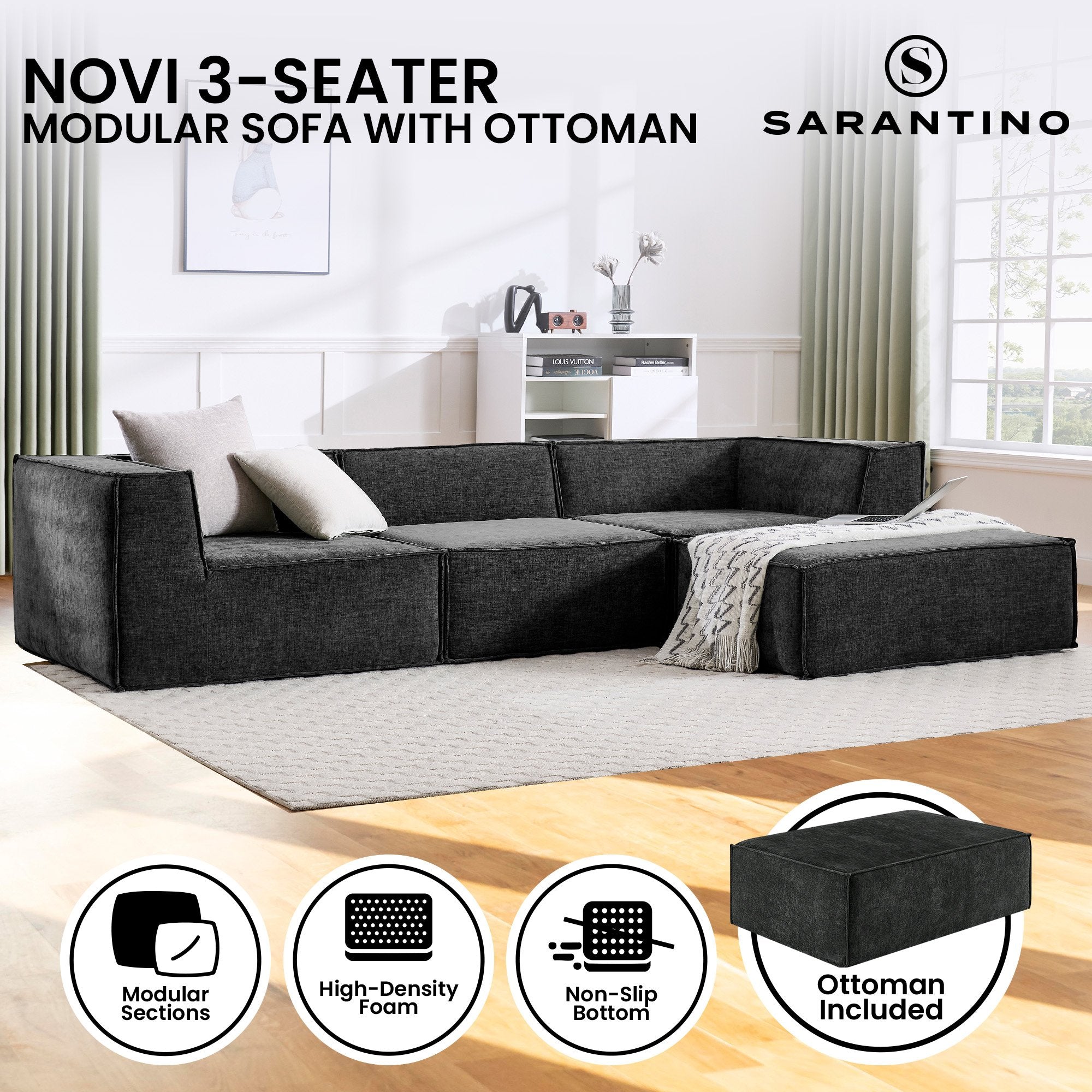Novi 3-Seater Modular Sofa with Ottoman Black Non-Slip