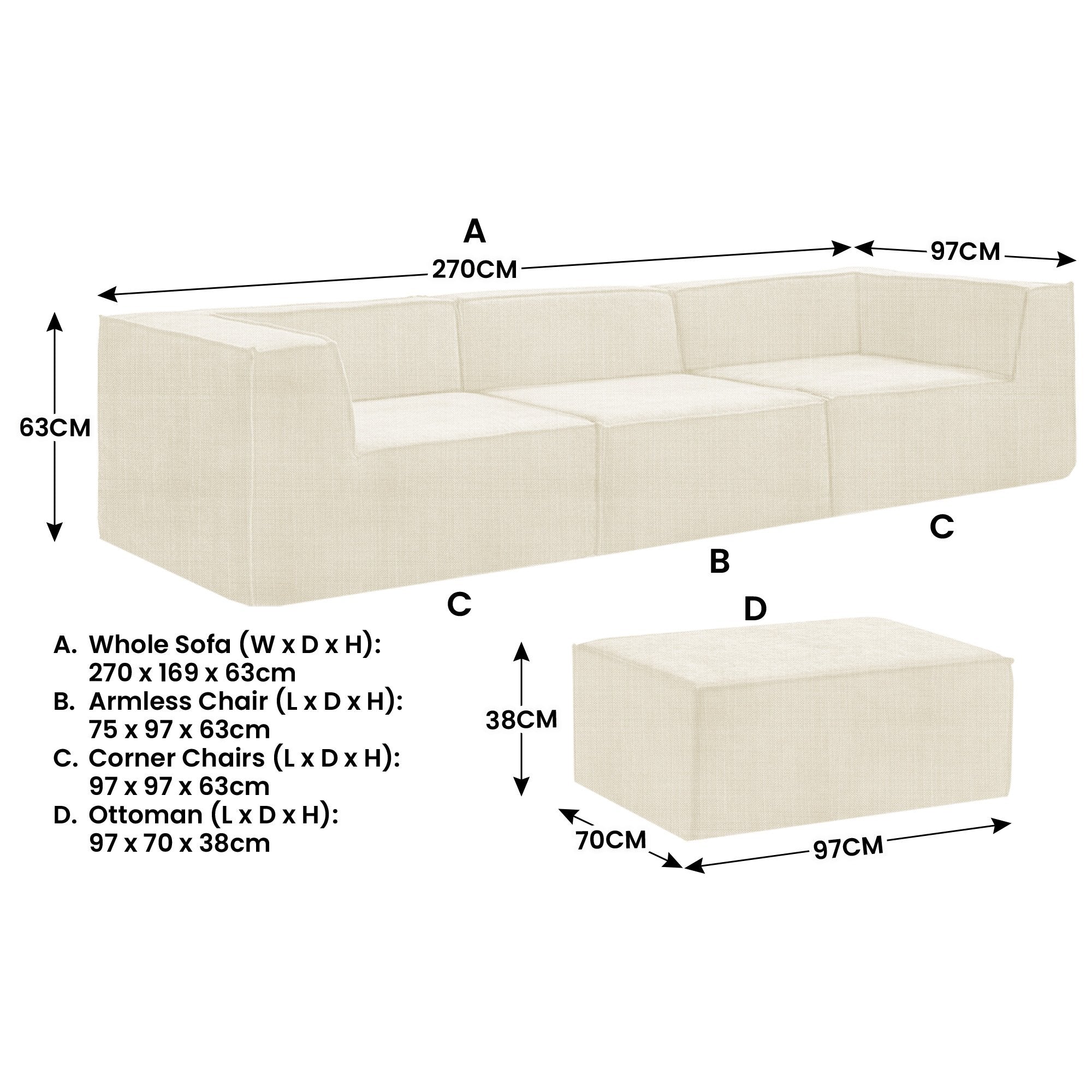Novi 3-Seater Modular Sofa with Ottoman Cream Non-Slip