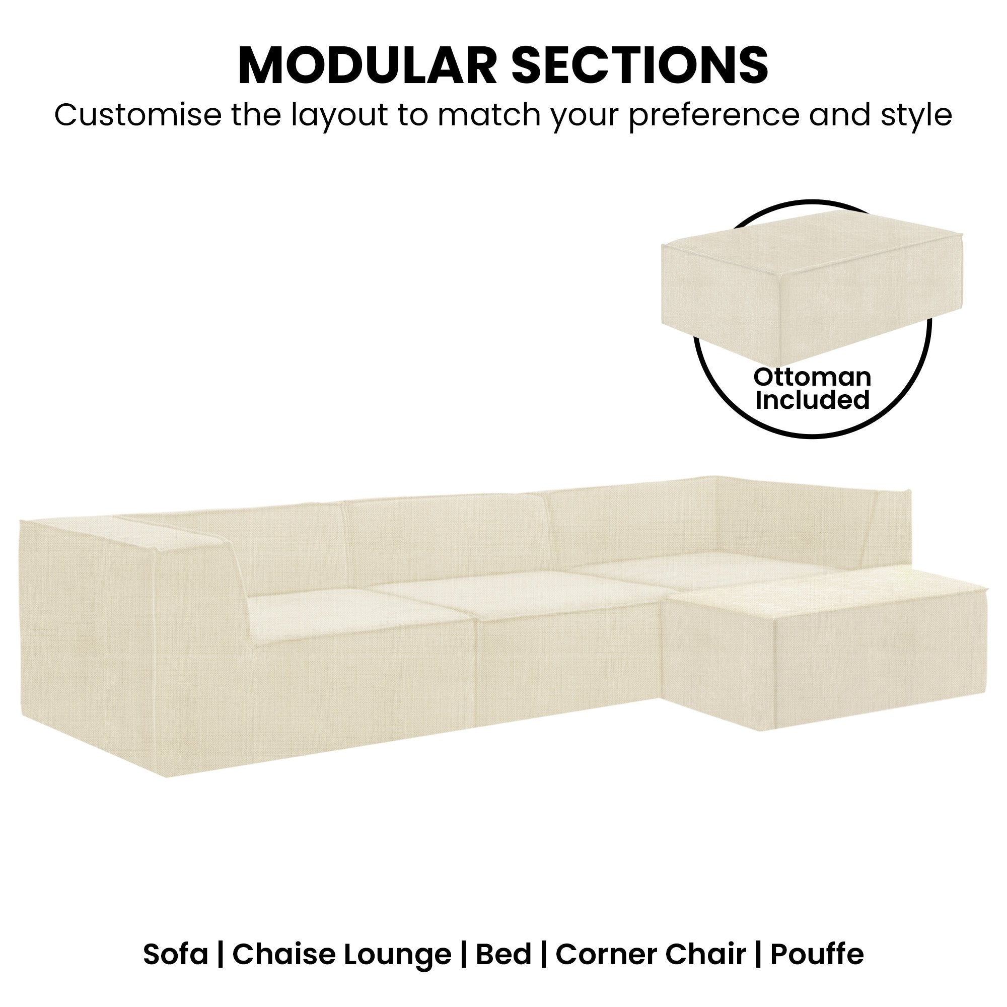 Novi 3-Seater Modular Sofa with Ottoman Cream Non-Slip