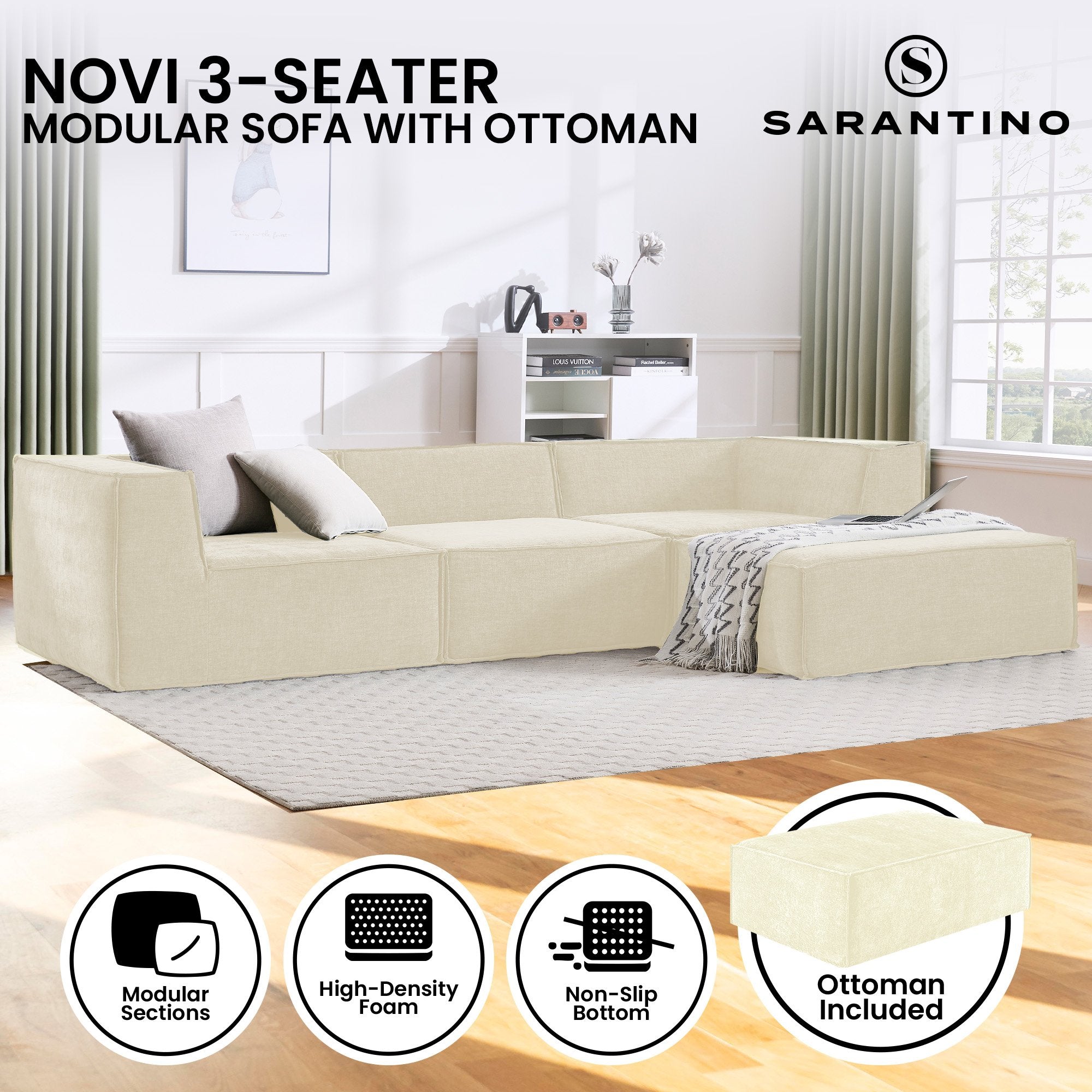 Novi 3-Seater Modular Sofa with Ottoman Cream Non-Slip