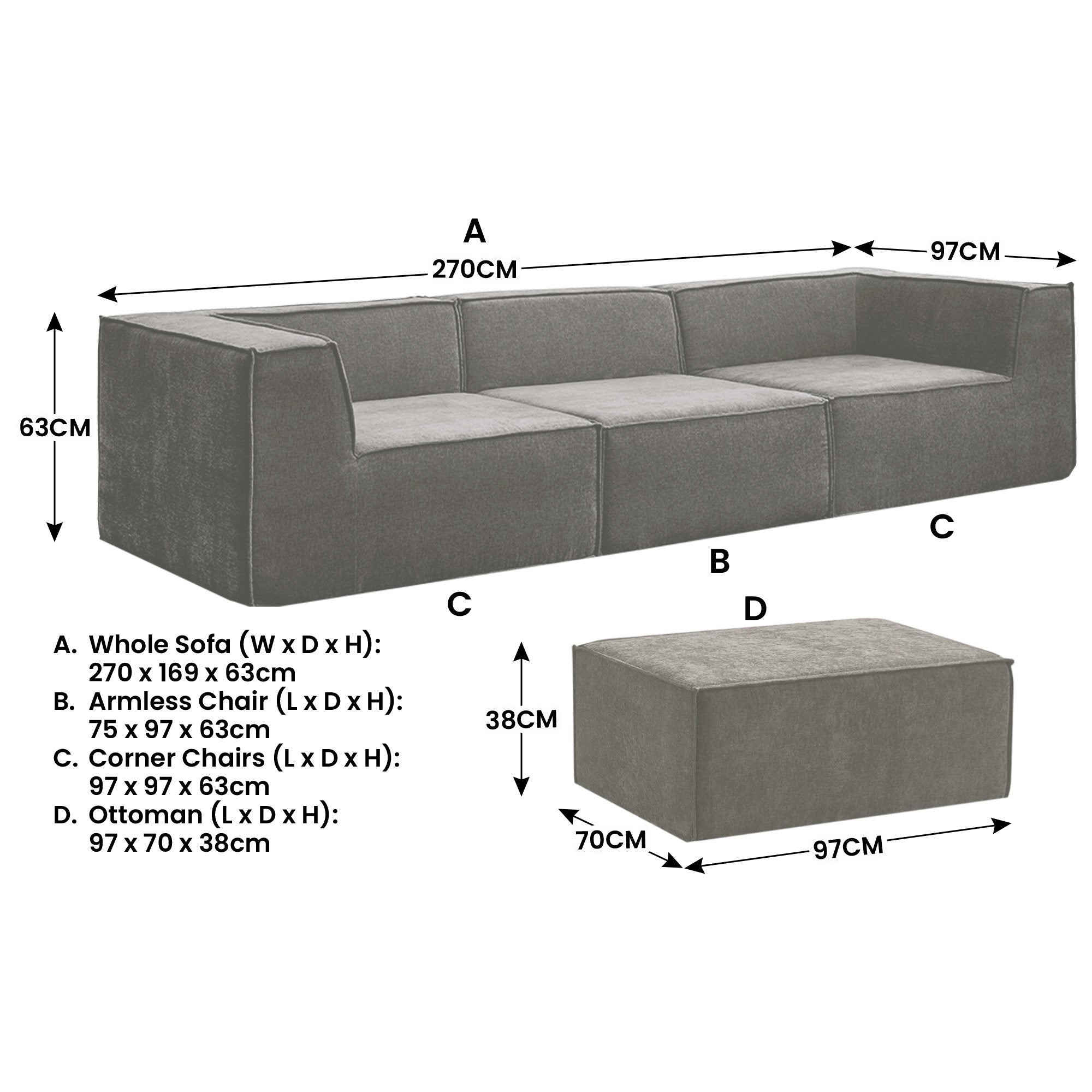 Novi 3-Seater Modular Sofa with Ottoman Grey Non-Slip