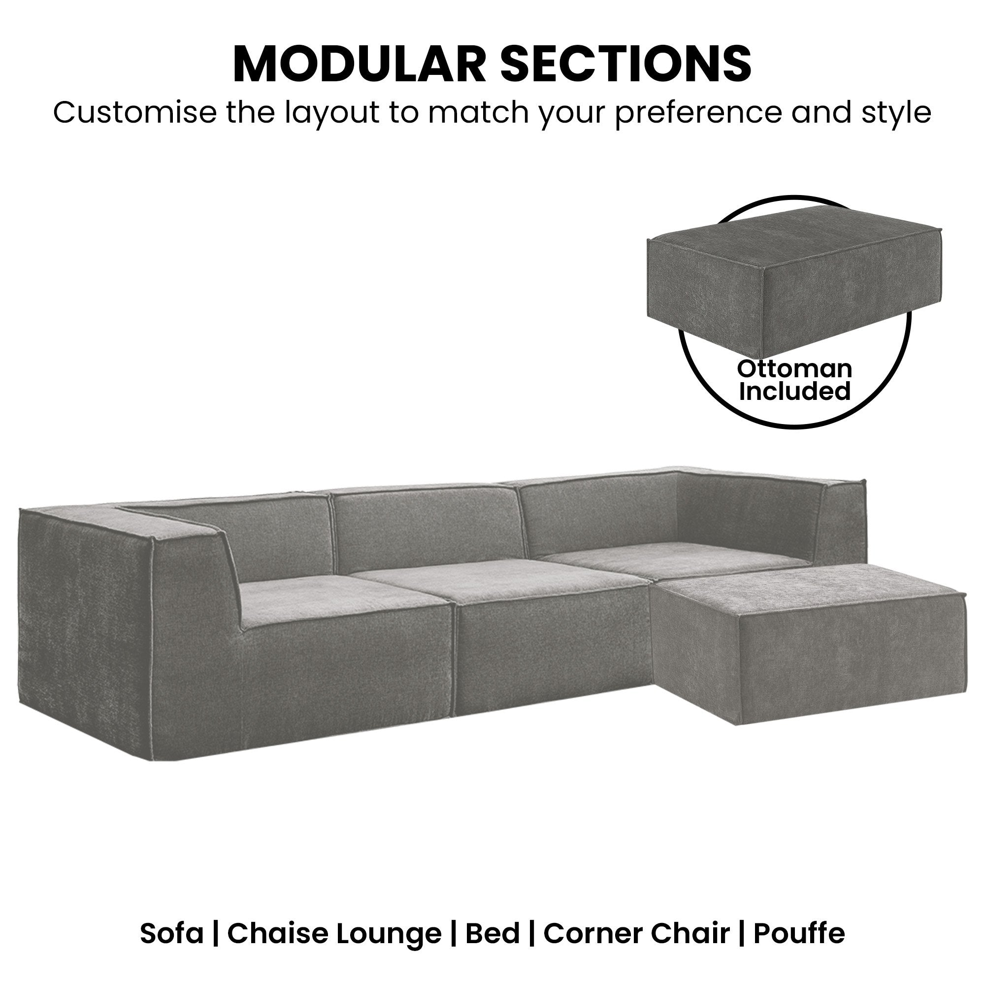 Novi 3-Seater Modular Sofa with Ottoman Grey Non-Slip