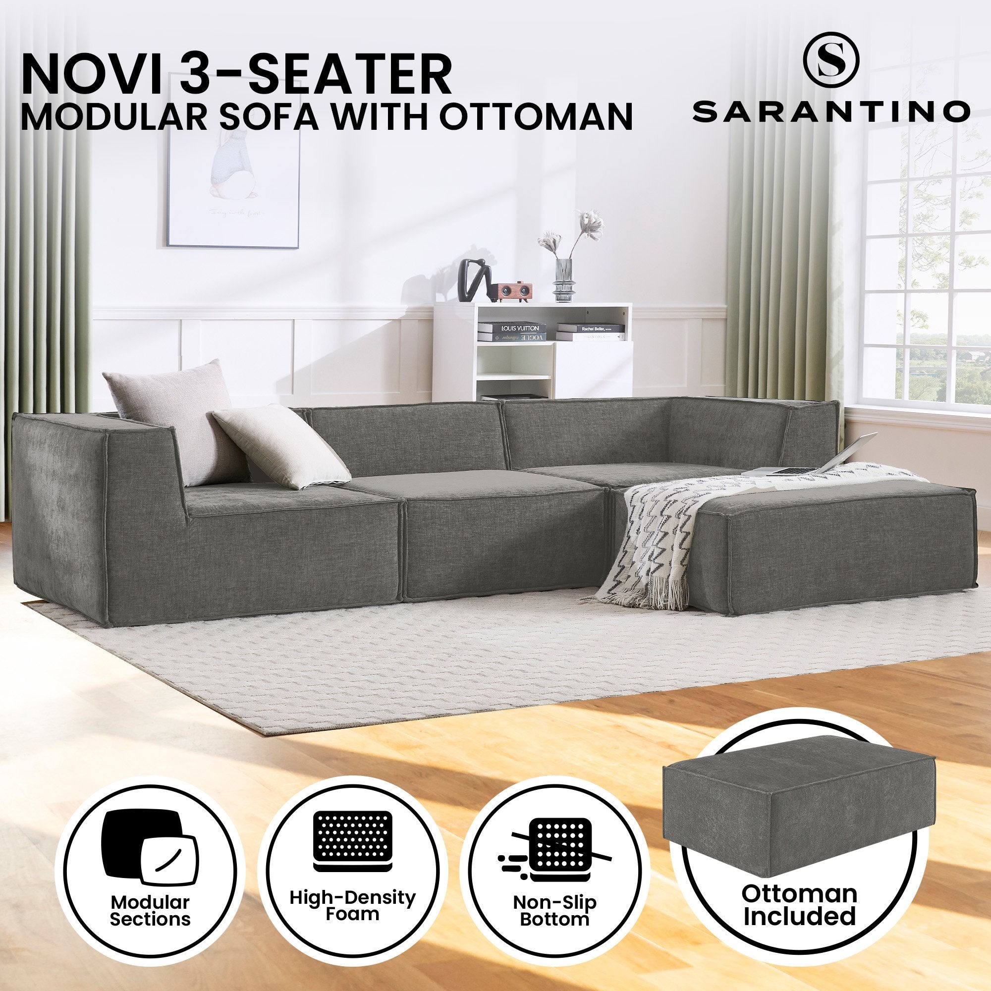 Novi 3-Seater Modular Sofa with Ottoman Grey Non-Slip