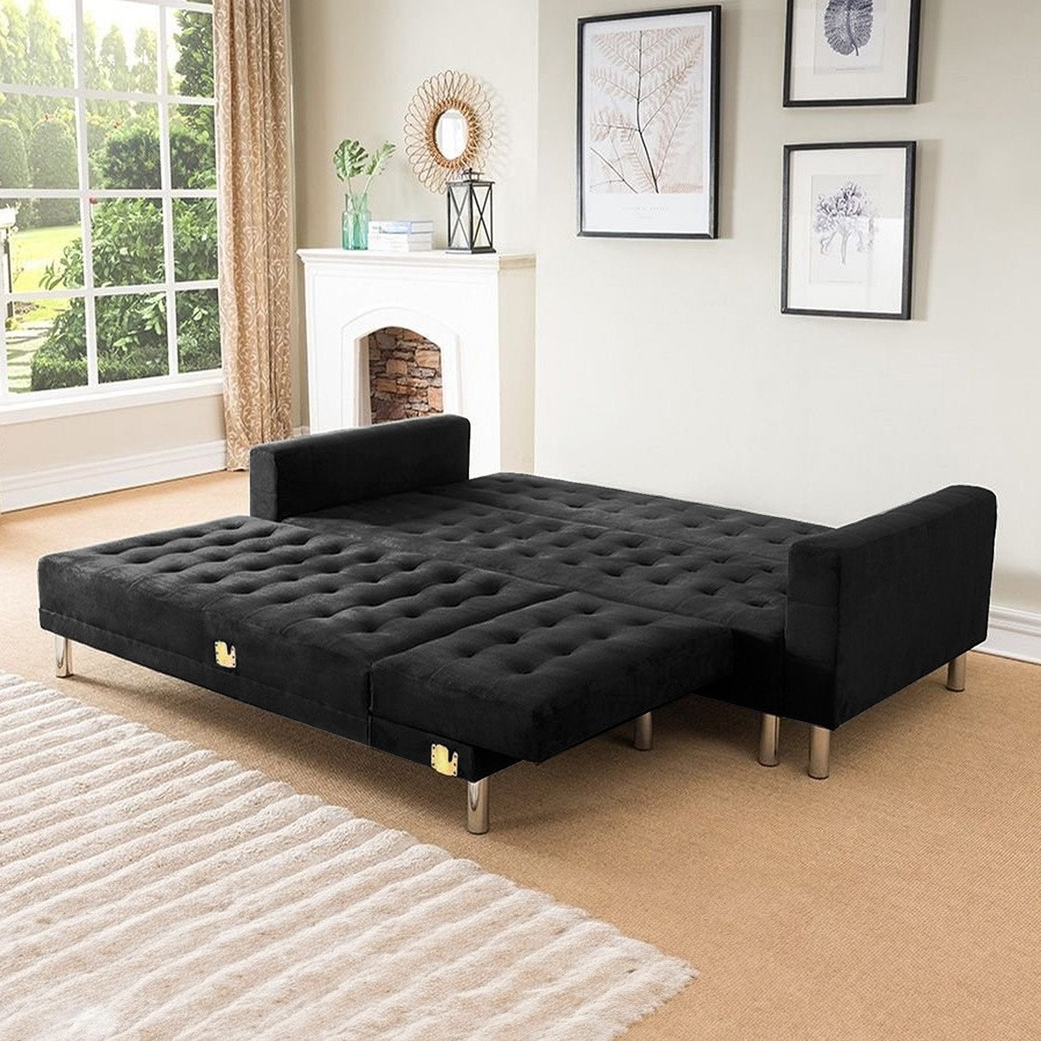 Black Corner Sofa Bed, Velveteen, Pine Frame, Sarantino