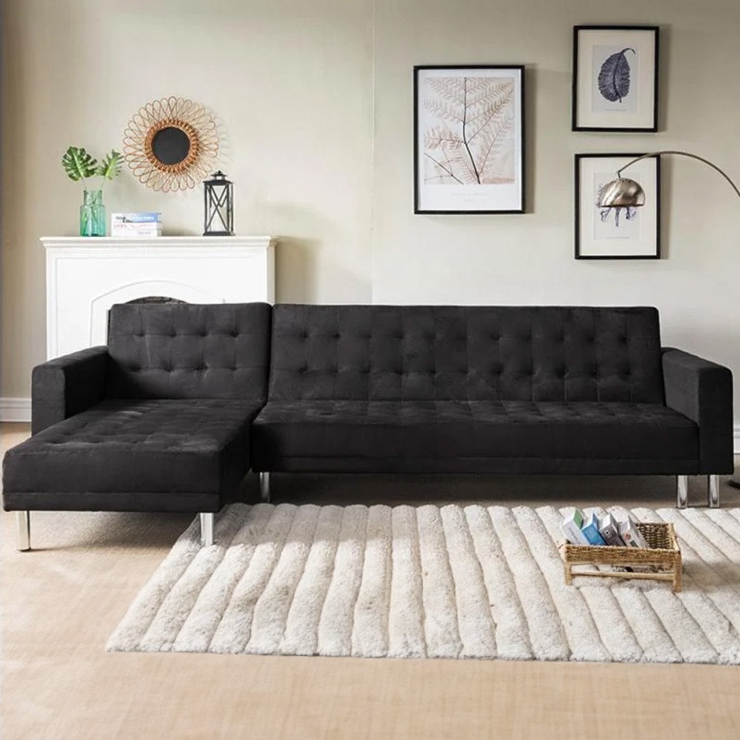 Black Corner Sofa Bed, Velveteen, Pine Frame, Sarantino