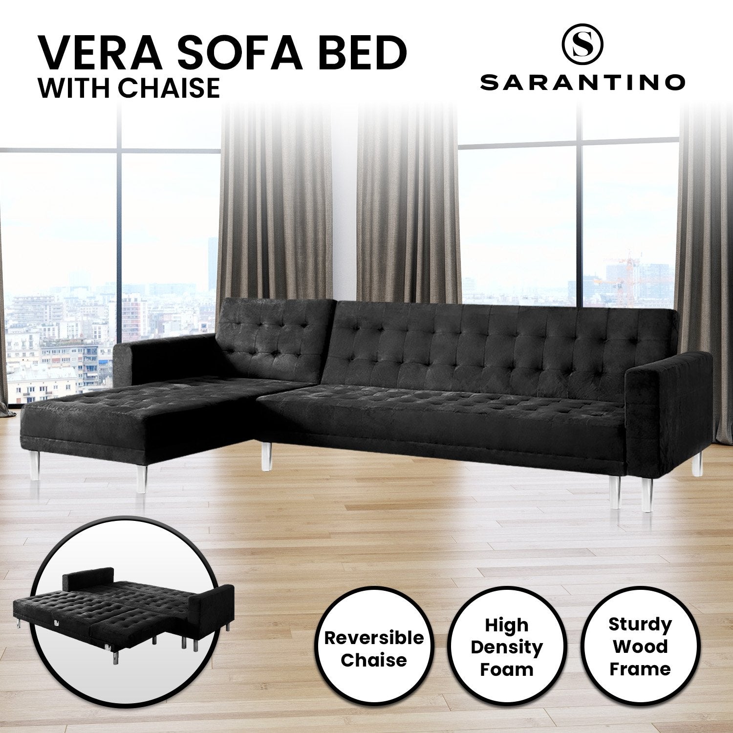 Black Corner Sofa Bed, Velveteen, Pine Frame, Sarantino