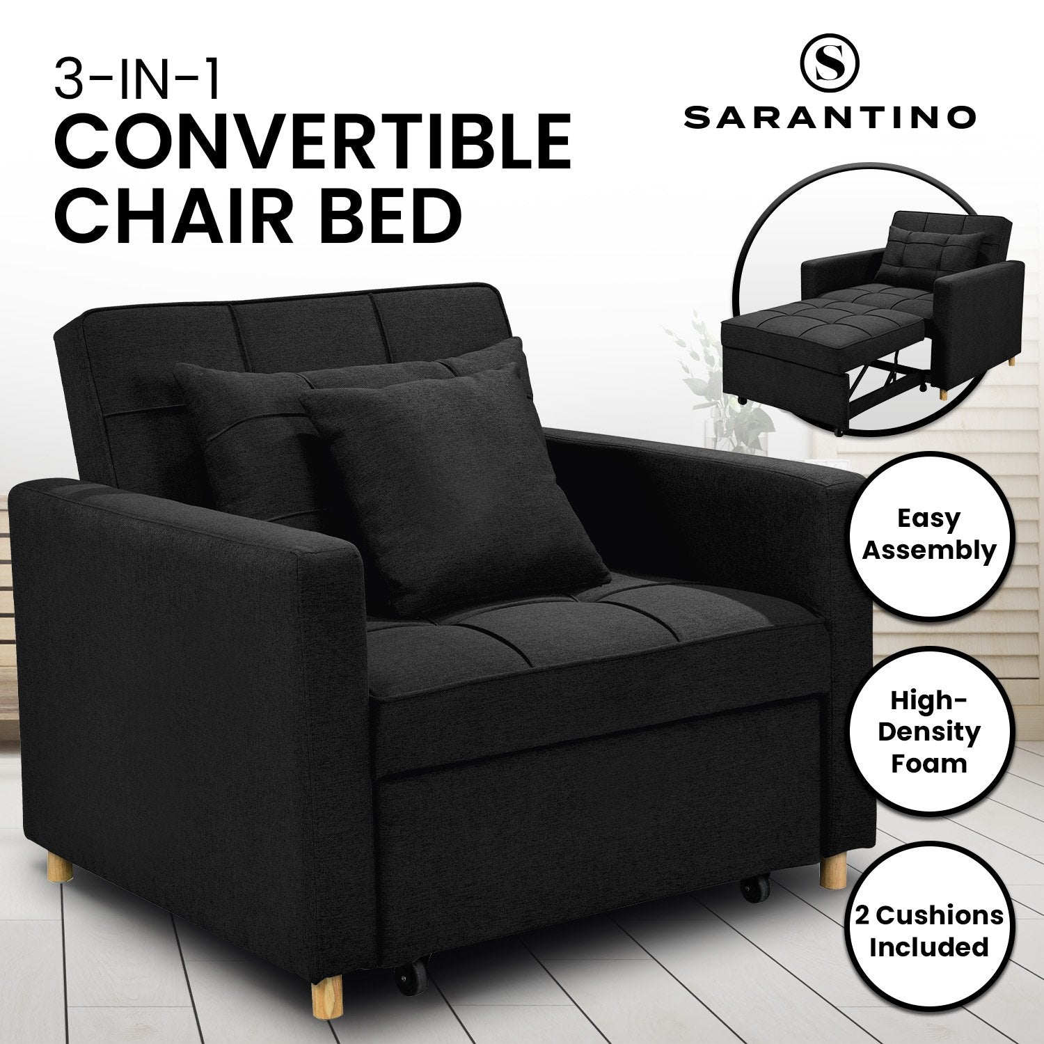 3-in-1 Convertible Lounge Chair Bed, Adjustable, Black - Sarantino