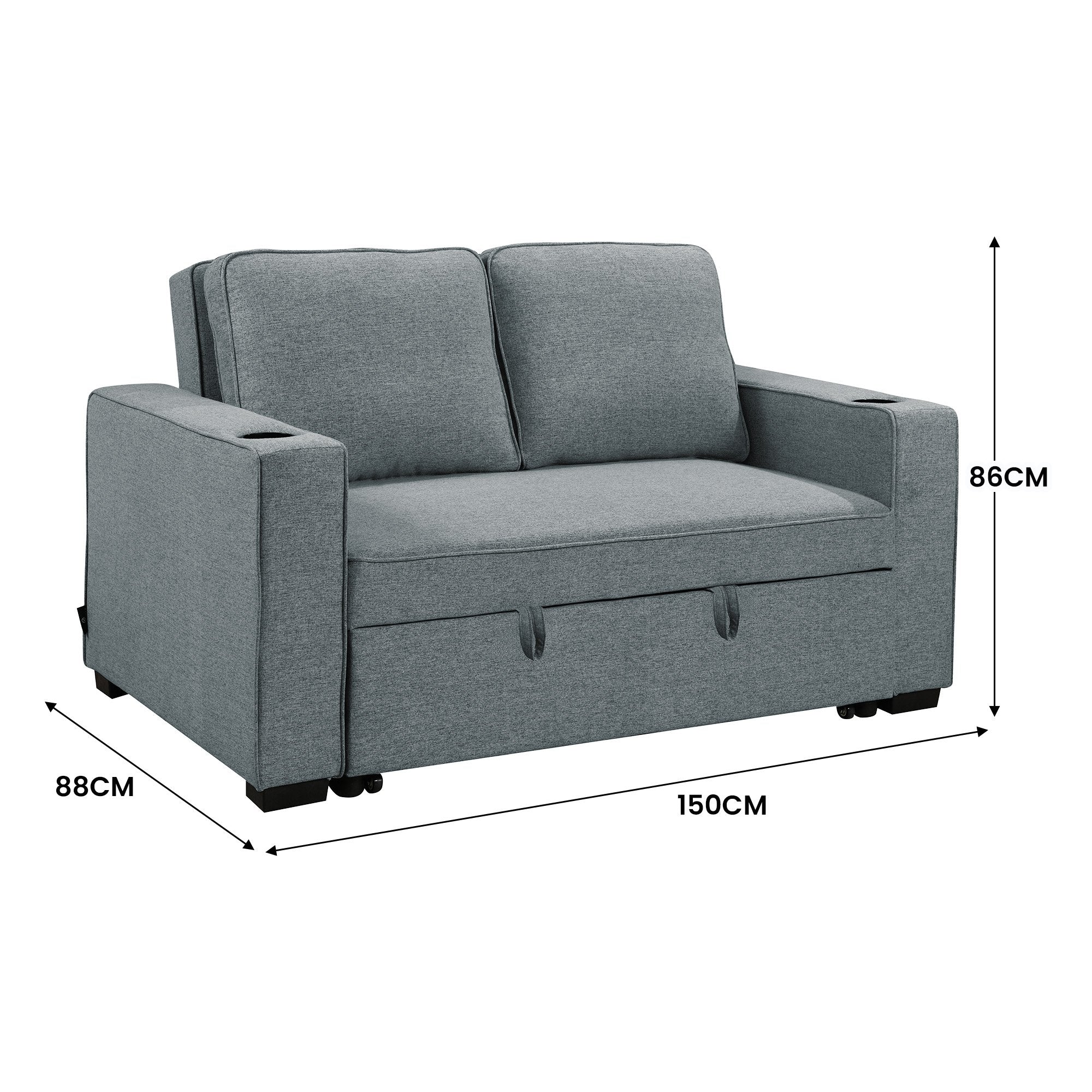 2-Seater Linen Sofa Bed, Cup Holders, Space-Saving, Dark Grey