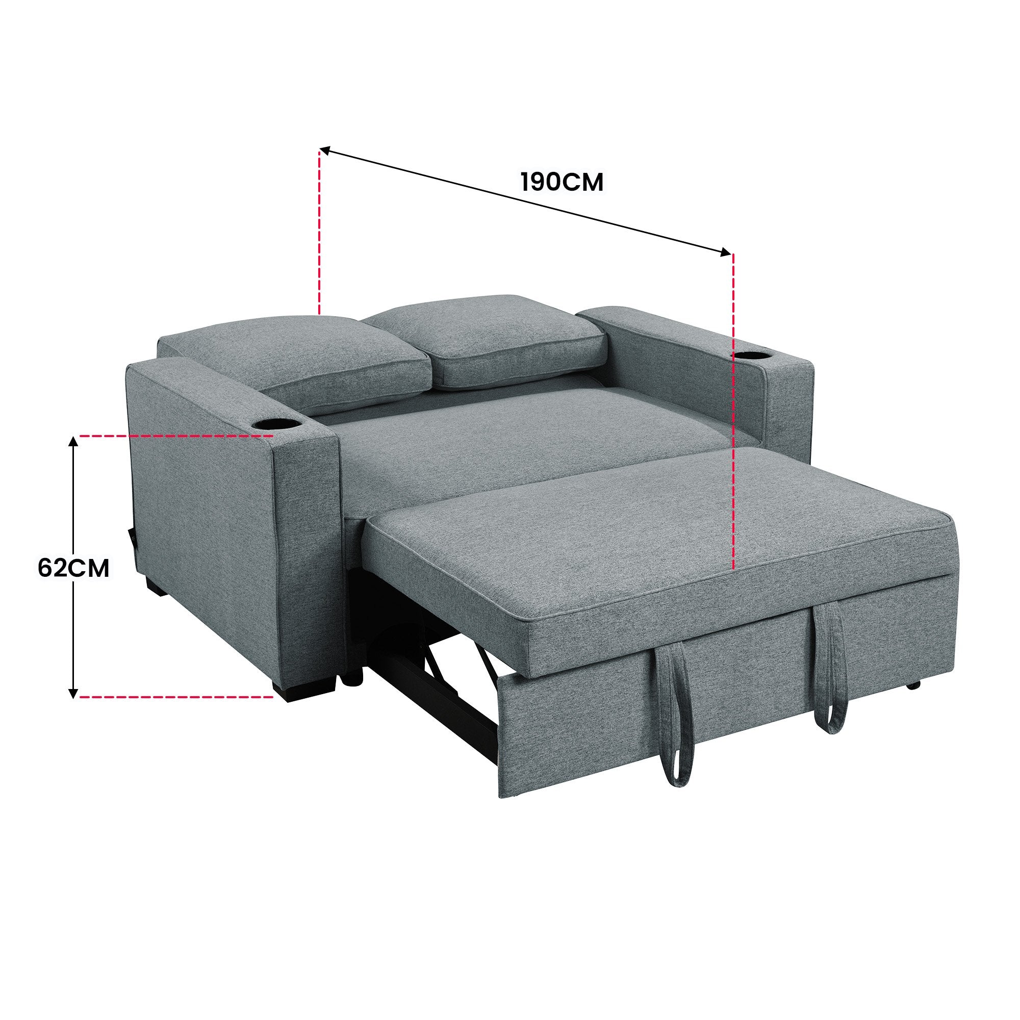 2-Seater Linen Sofa Bed, Cup Holders, Space-Saving, Dark Grey