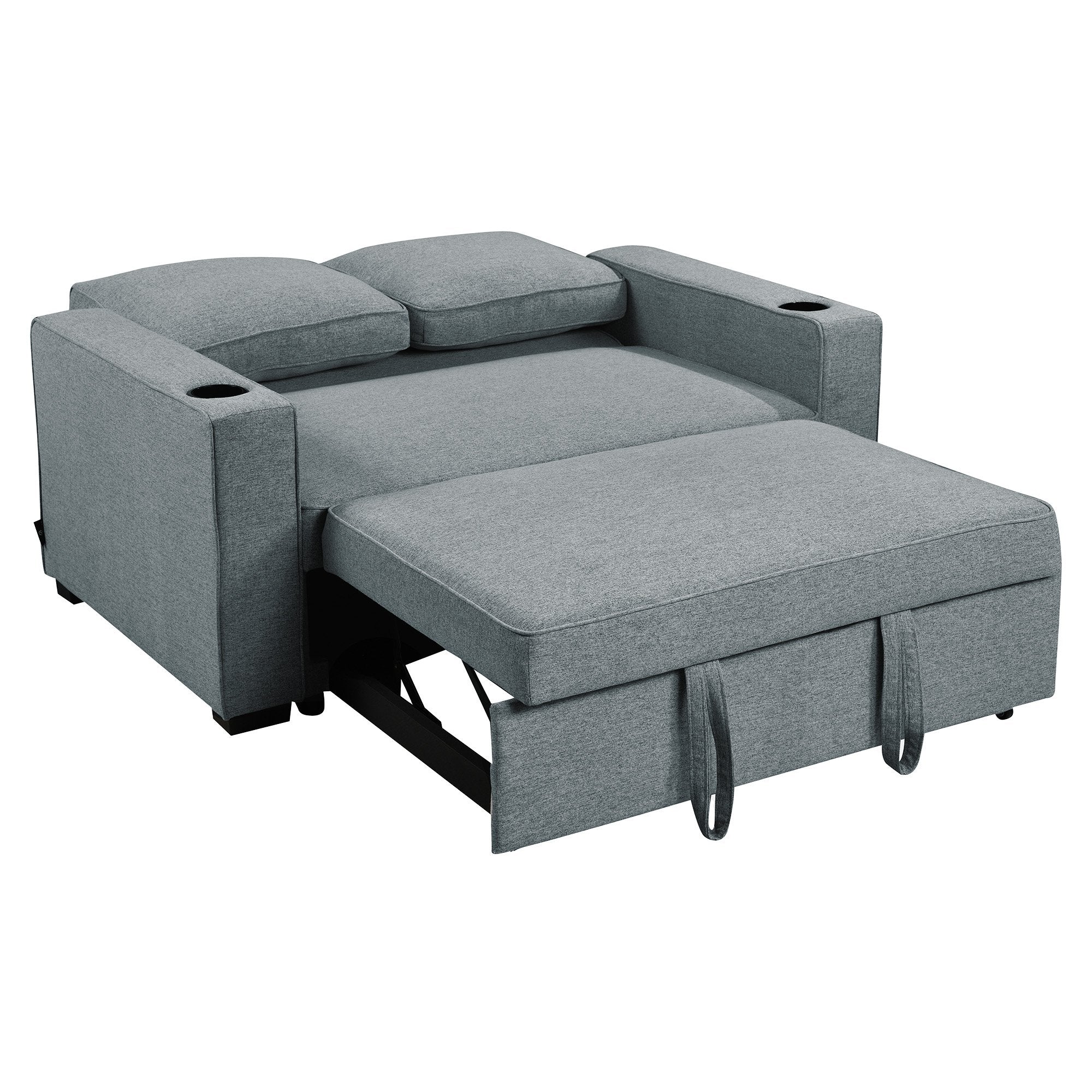 2-Seater Linen Sofa Bed, Cup Holders, Space-Saving, Dark Grey