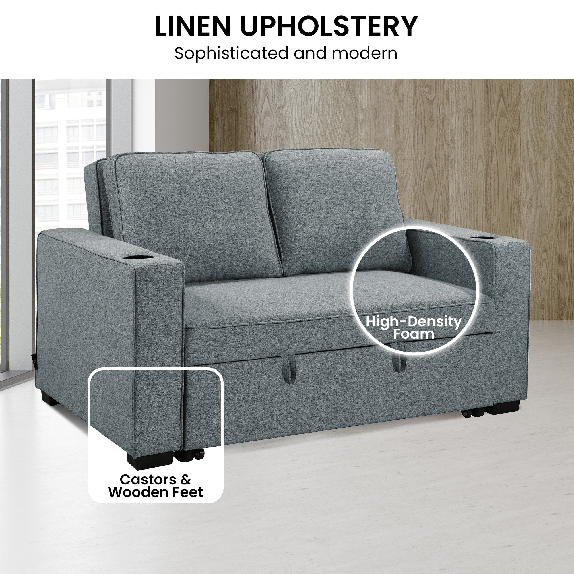 2-Seater Linen Sofa Bed, Cup Holders, Space-Saving, Dark Grey