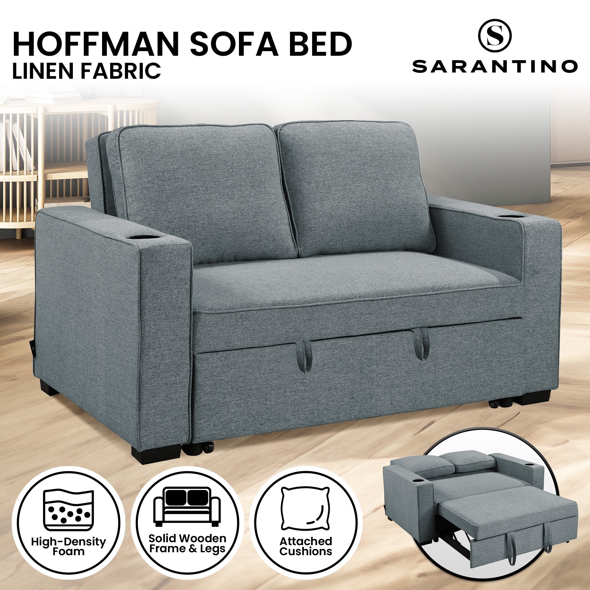 2-Seater Linen Sofa Bed, Cup Holders, Space-Saving, Dark Grey