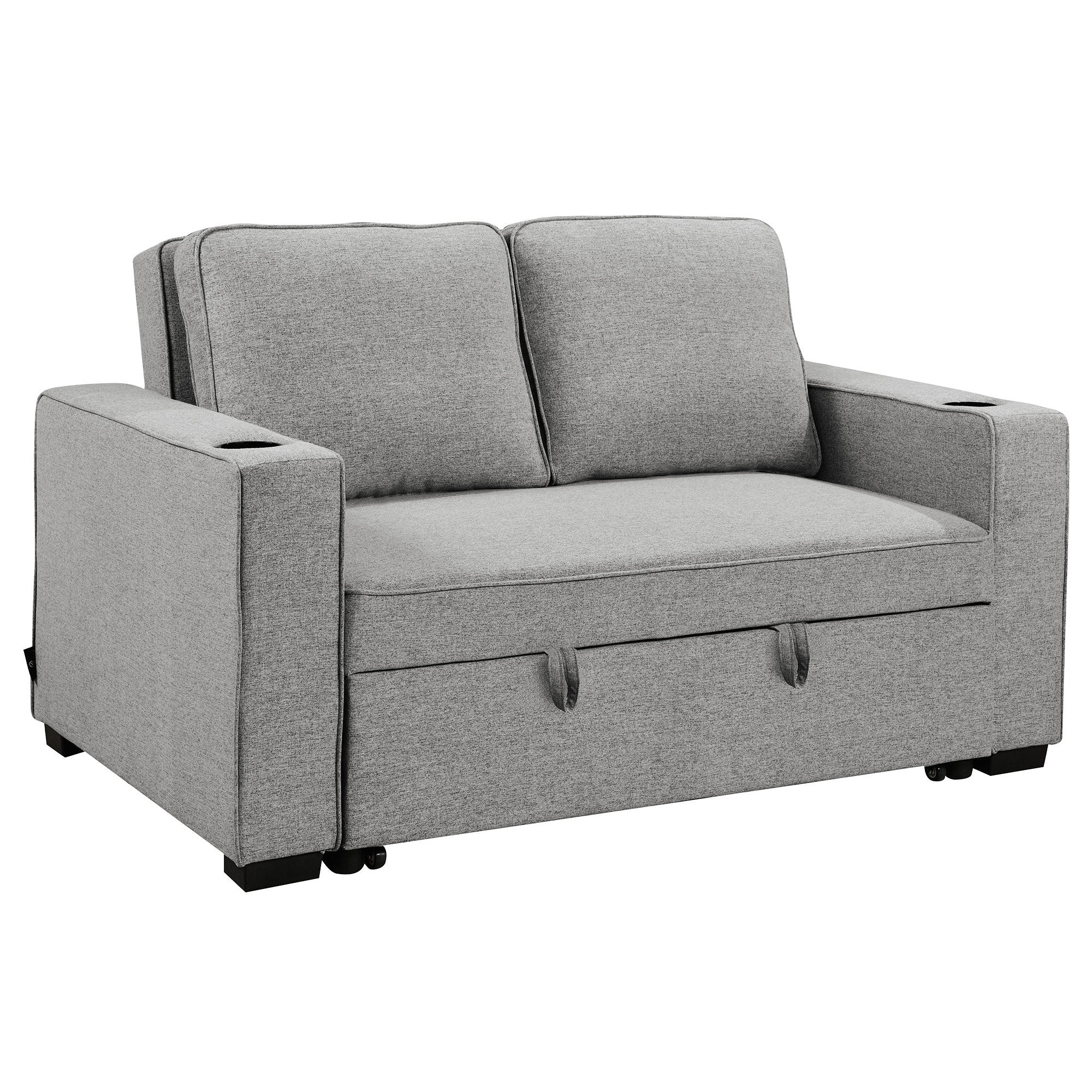 Light Grey Linen 2-Seater Sofa Bed with Cup Holders - Sarantino