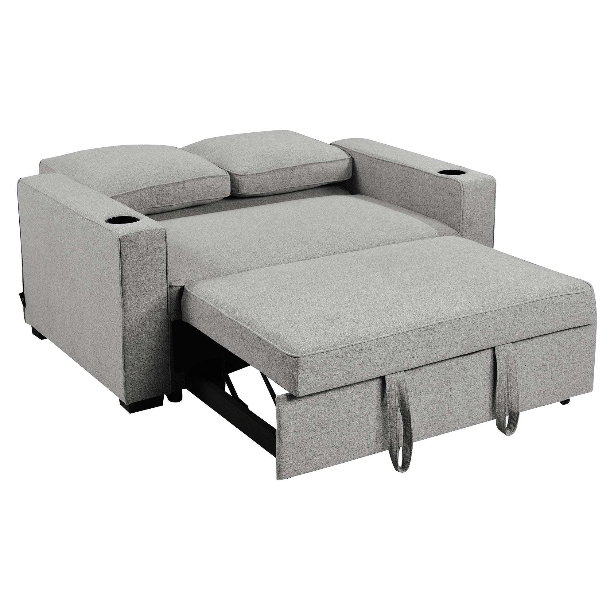 Light Grey Linen 2-Seater Sofa Bed with Cup Holders - Sarantino