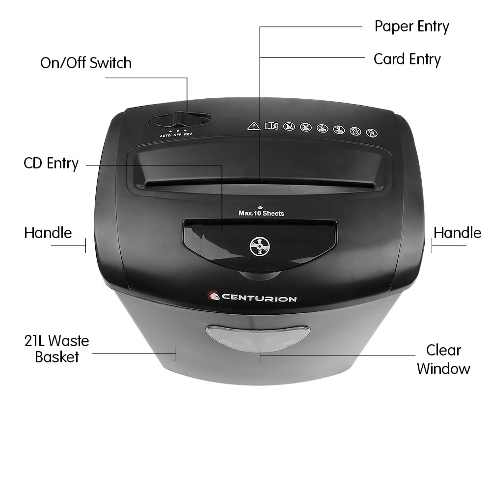 21L Cross-Cut Shredder, 10 Sheets, CDs, Credit Cards - Centurion