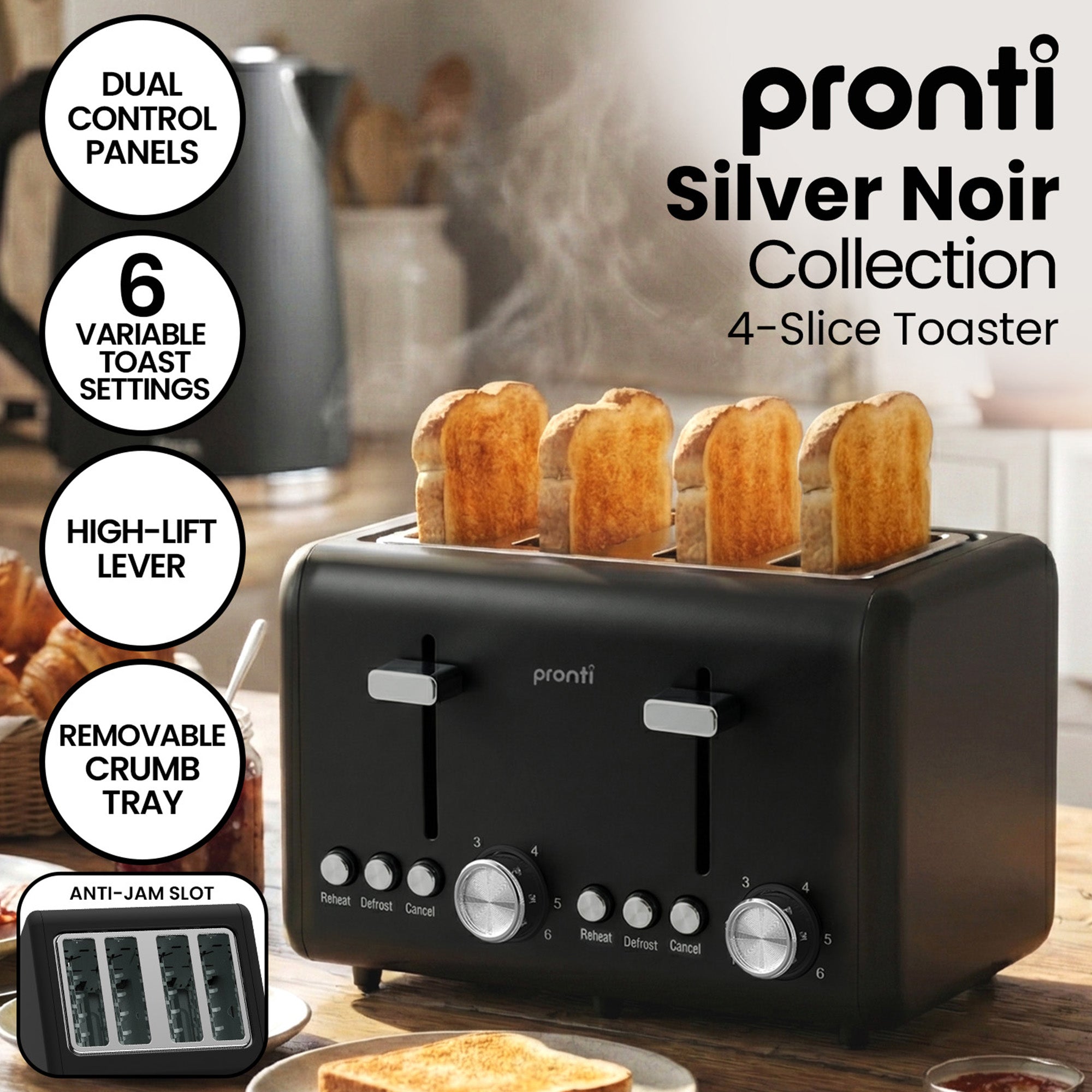 Pronti Breakfast Set with 1.6L Coffee Machine, Silver Noir Toaster & Kettle