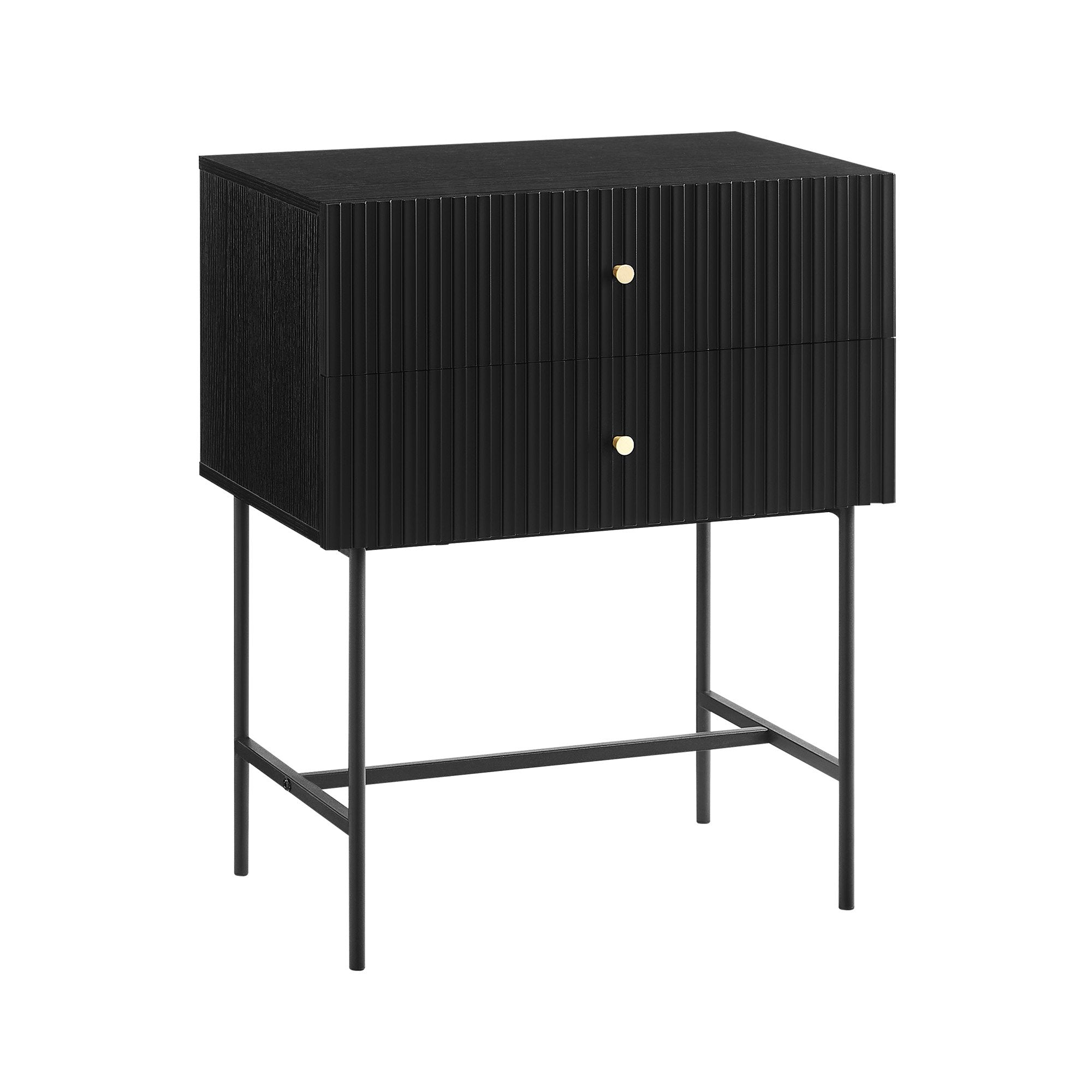 Slender Fluted 2-Drawer Bedside Table with Metal Legs