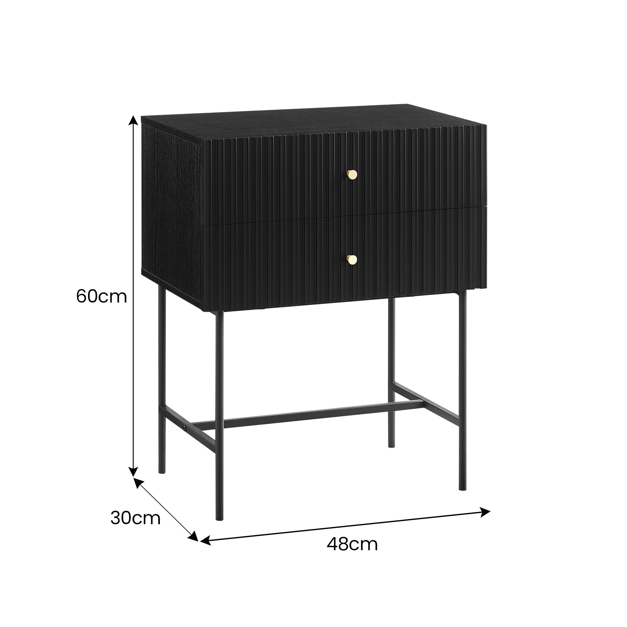 Slender Fluted 2-Drawer Bedside Table with Metal Legs