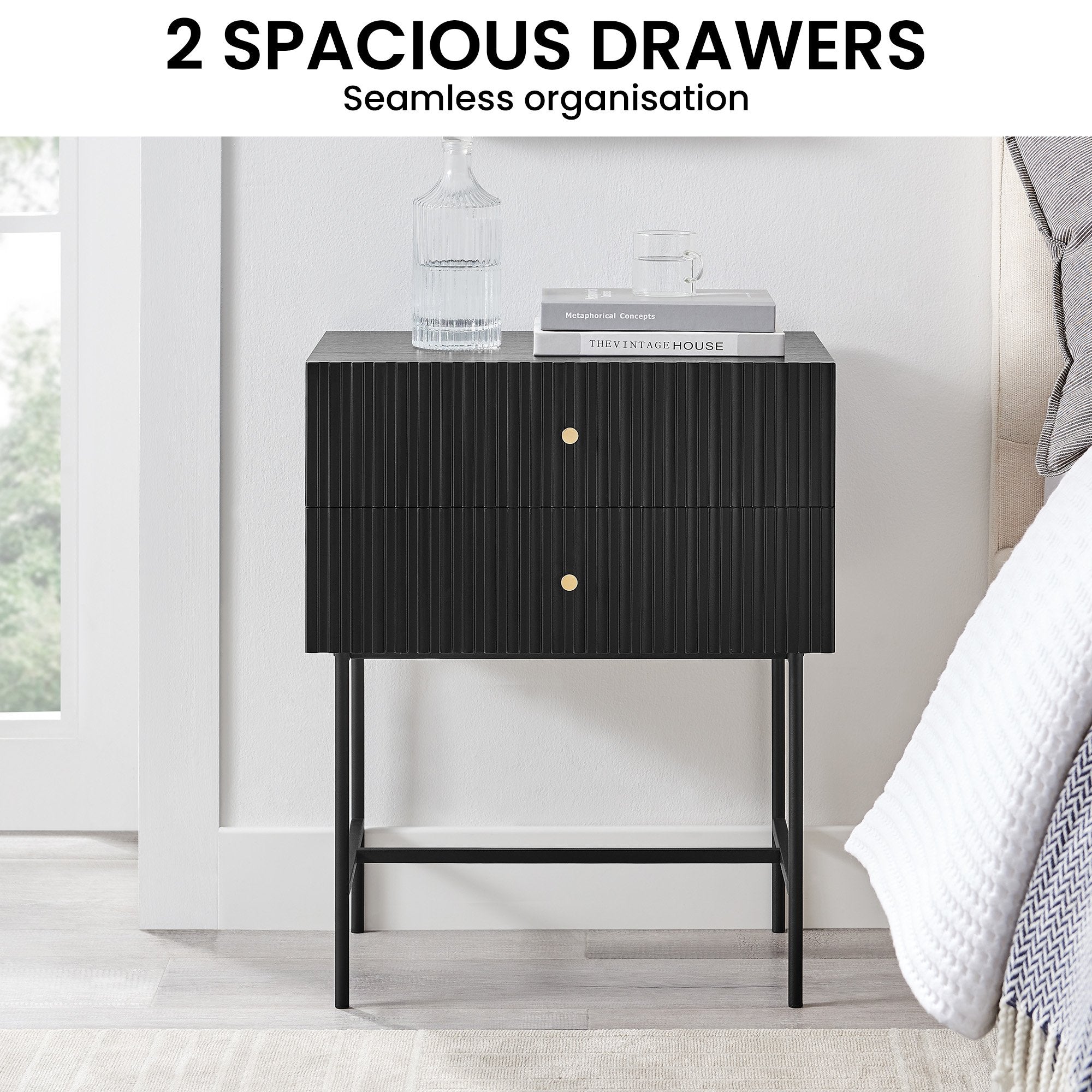 Slender Fluted 2-Drawer Bedside Table with Metal Legs