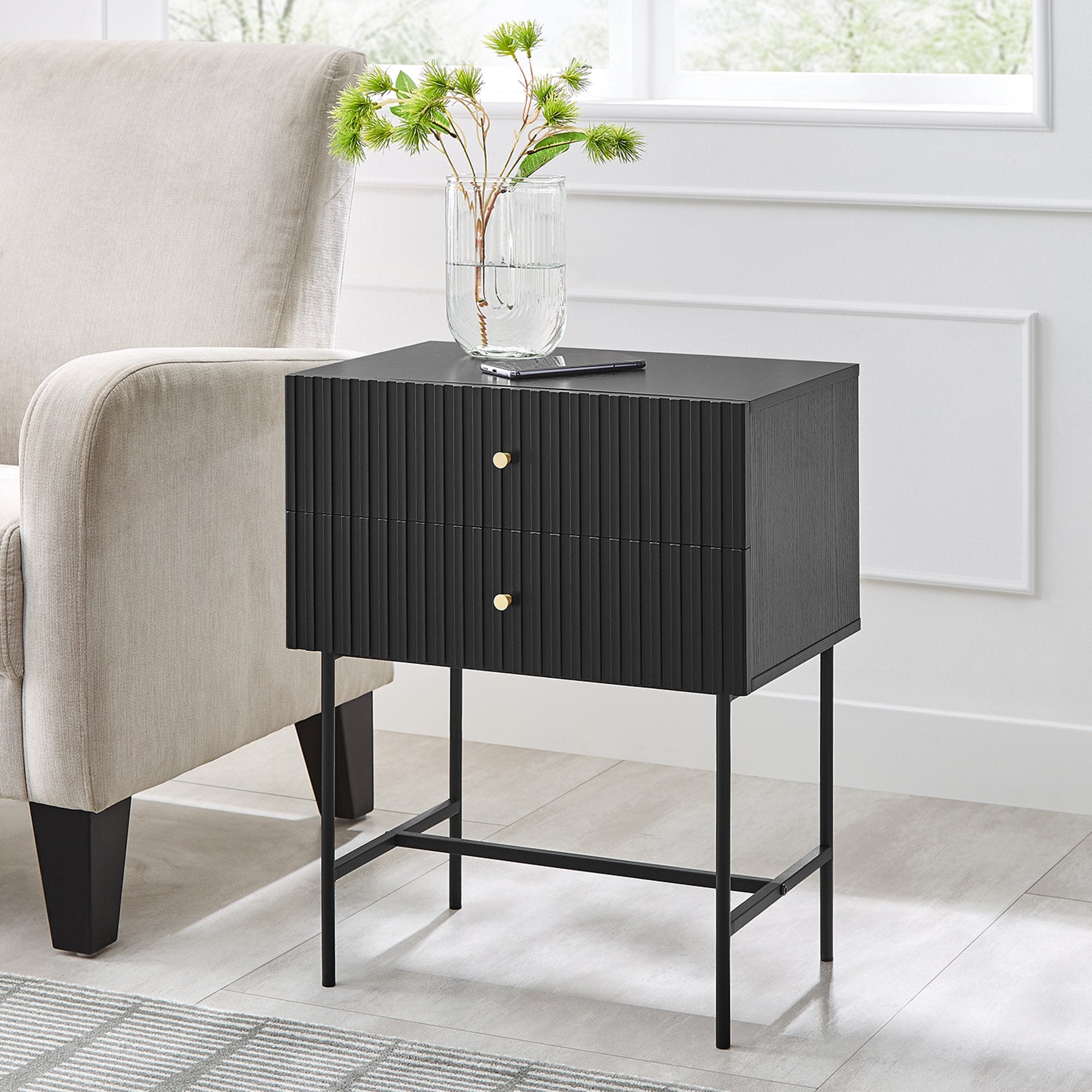 Slender Fluted 2-Drawer Bedside Table with Metal Legs