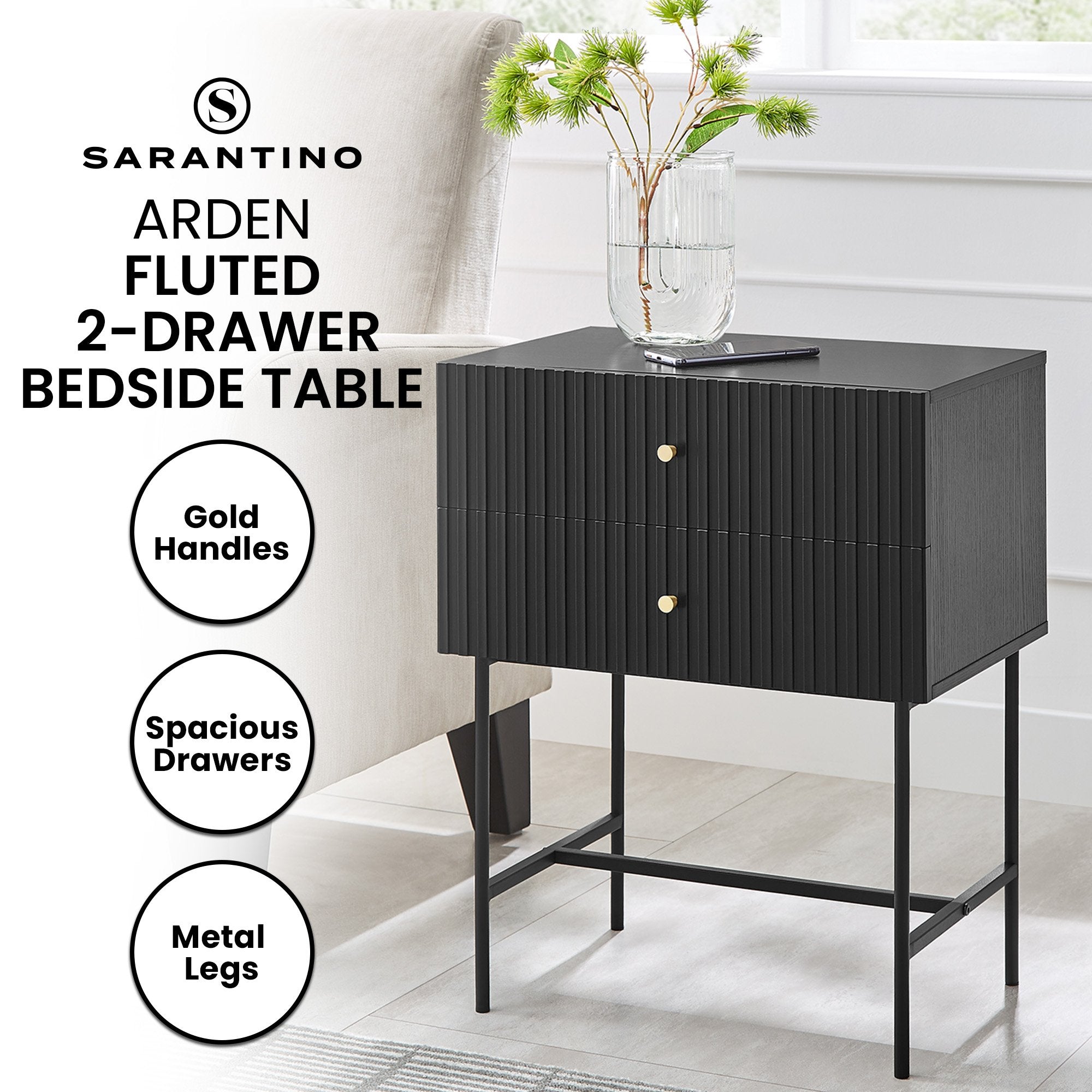 Slender Fluted 2-Drawer Bedside Table with Metal Legs