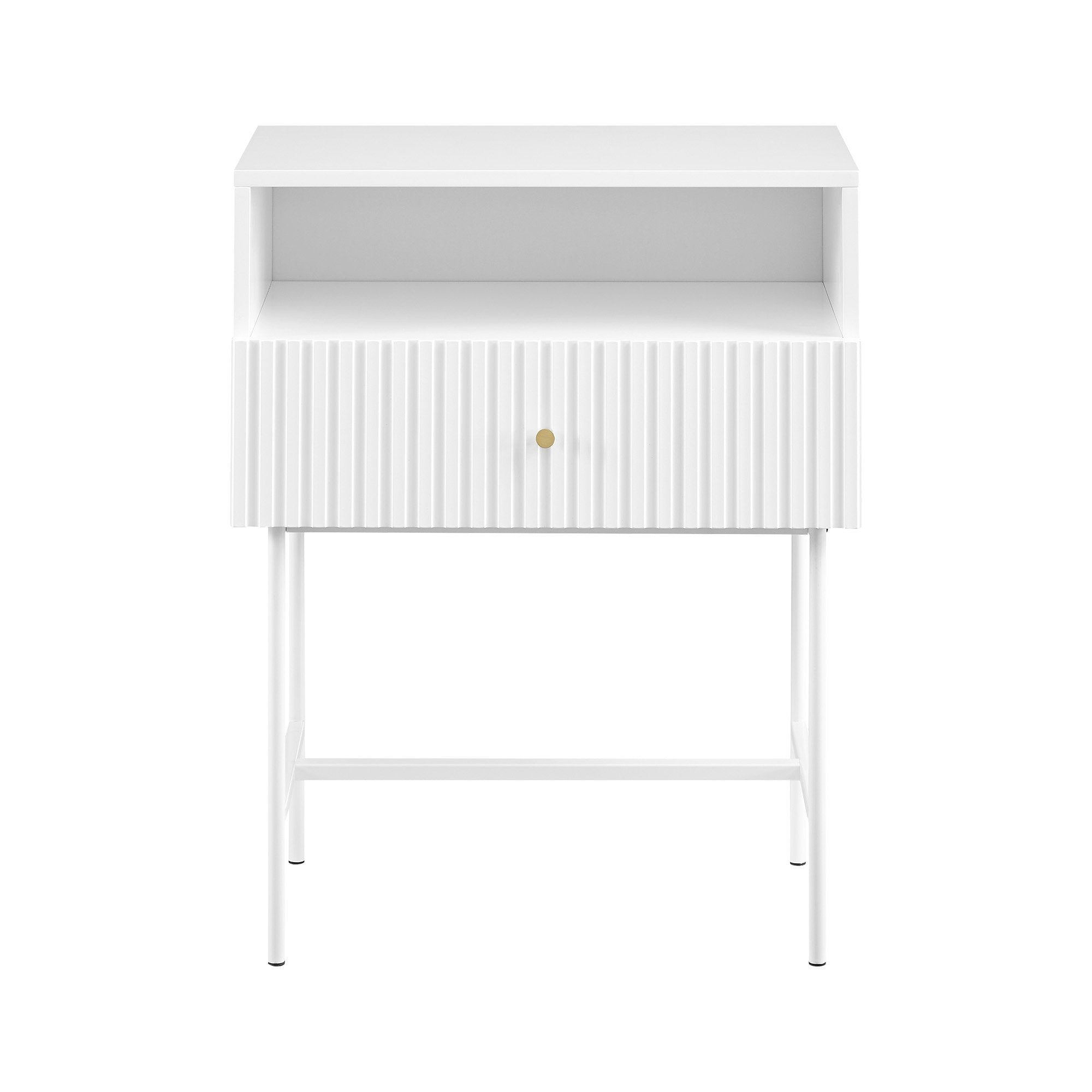 Fluted White Bedside Table with Drawer & Metal Legs