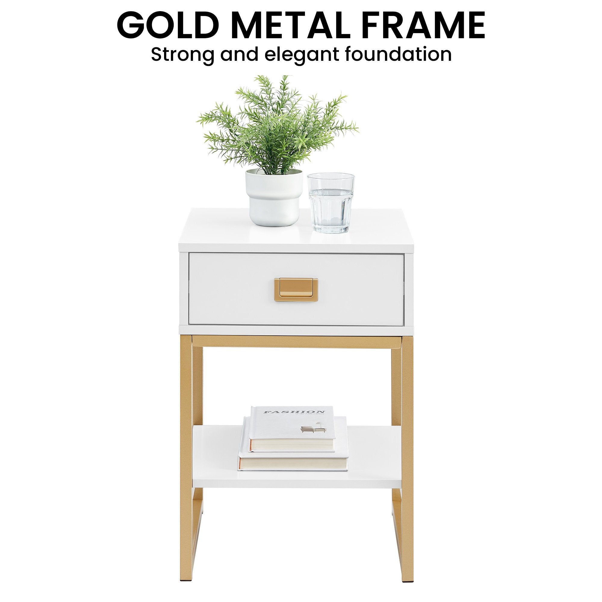 Gold Handle Bedside Table w/ Drawer & Shelf - Sarantino