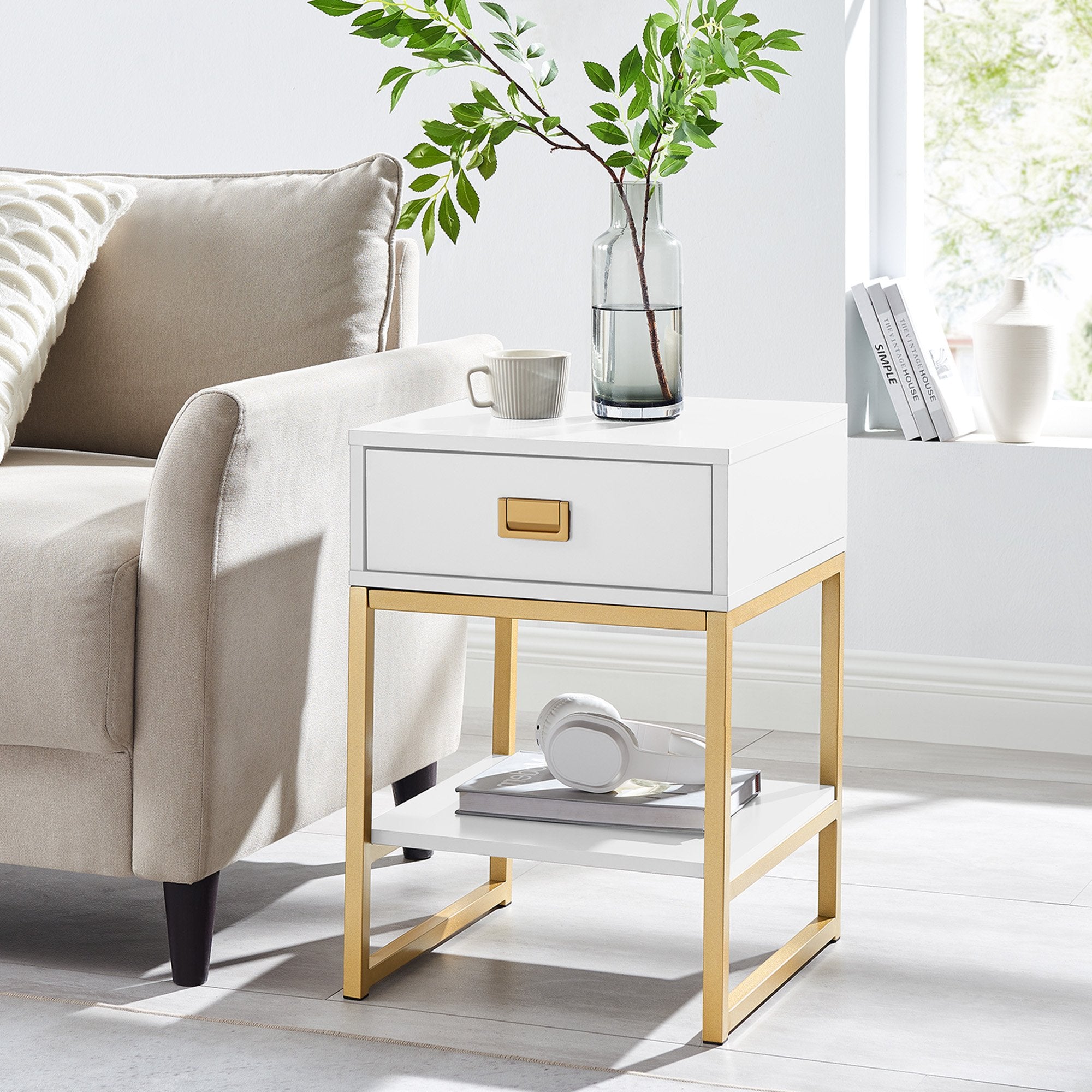 Gold Handle Bedside Table w/ Drawer & Shelf - Sarantino