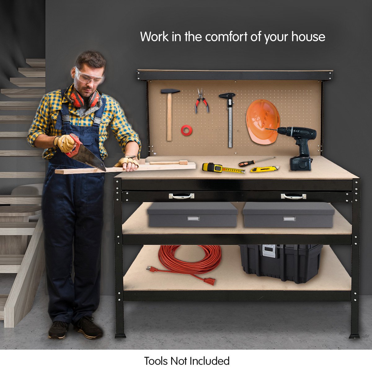 Kartrite 3-Layer Workbench Steel Frame MDF Garage Storage with Pegboard